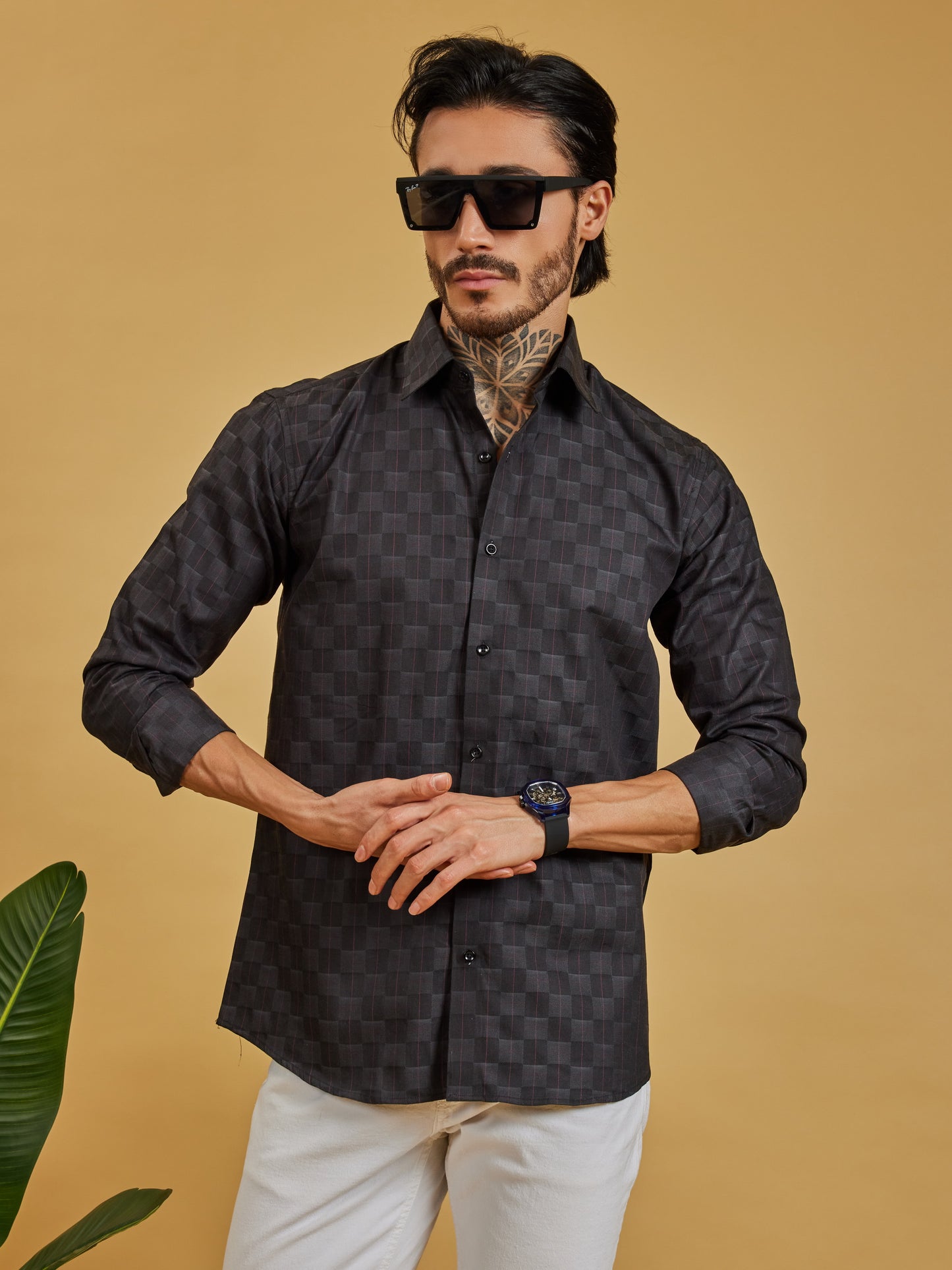 Men’s Black Jacquard Cotton Shirt – Tonal Check Weave Full Sleeve | No Pocket