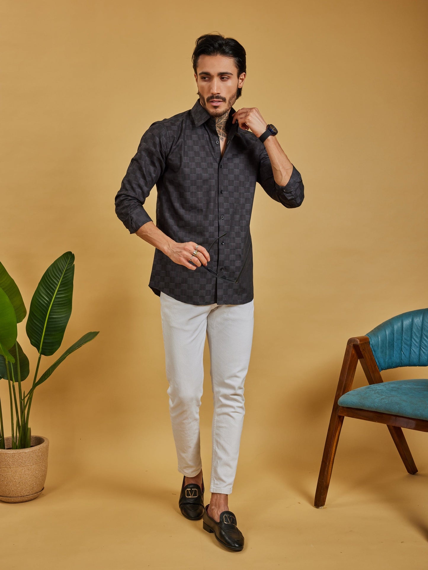 OTFIT Men’s Black Jacquard Cotton Shirt – Tonal Check Weave Full Sleeve | No Pocket
