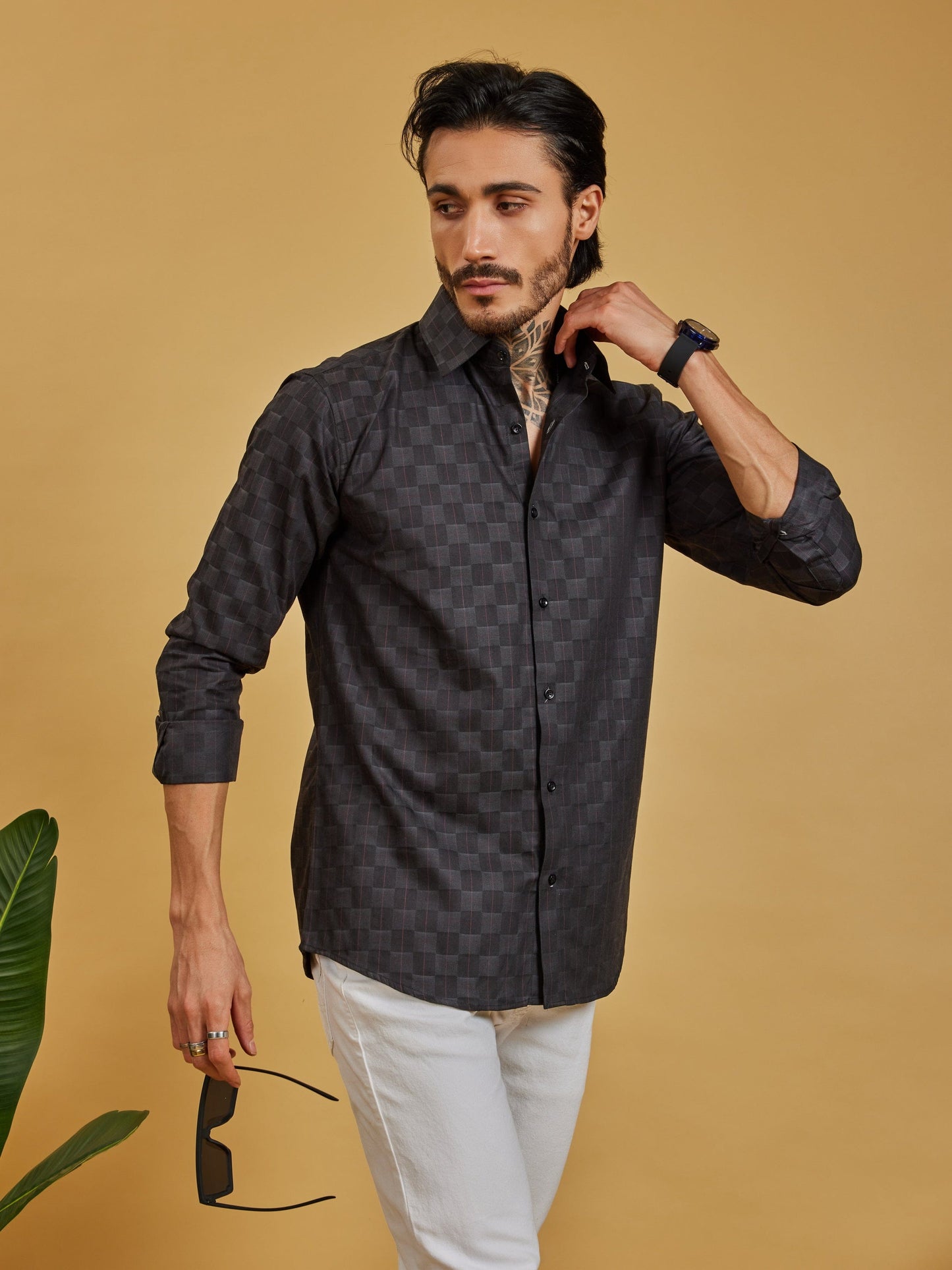 OTFIT Men’s Black Jacquard Cotton Shirt – Tonal Check Weave Full Sleeve | No Pocket