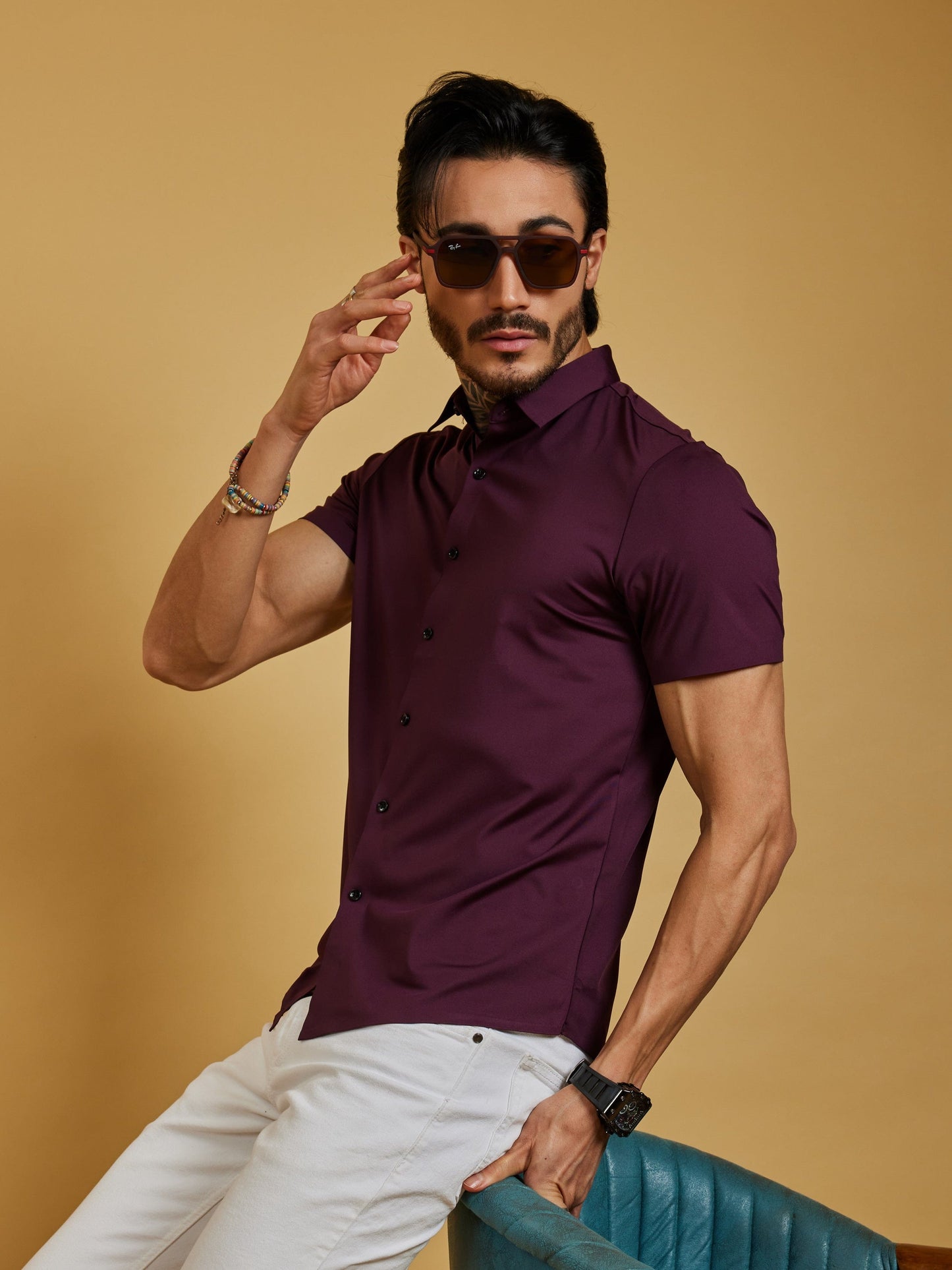 OTFIT Men’s Modern Nylon Stretch Shirt – Maroon (Half Sleeve, Slim Fit)