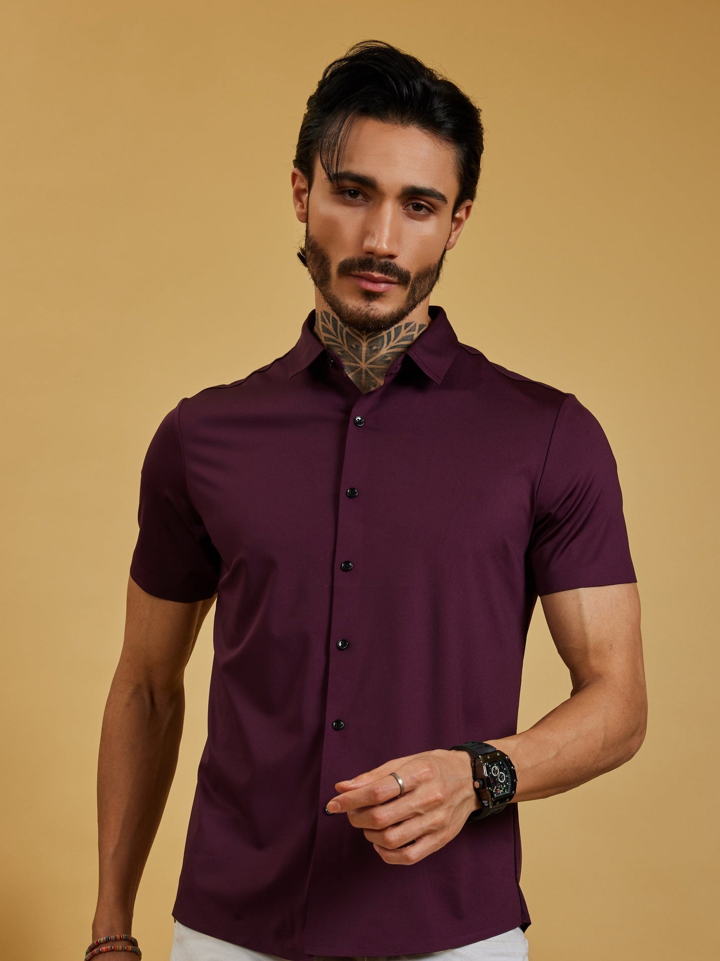 OTFIT Men’s Modern Nylon Stretch Shirt – Maroon (Half Sleeve, Slim Fit)