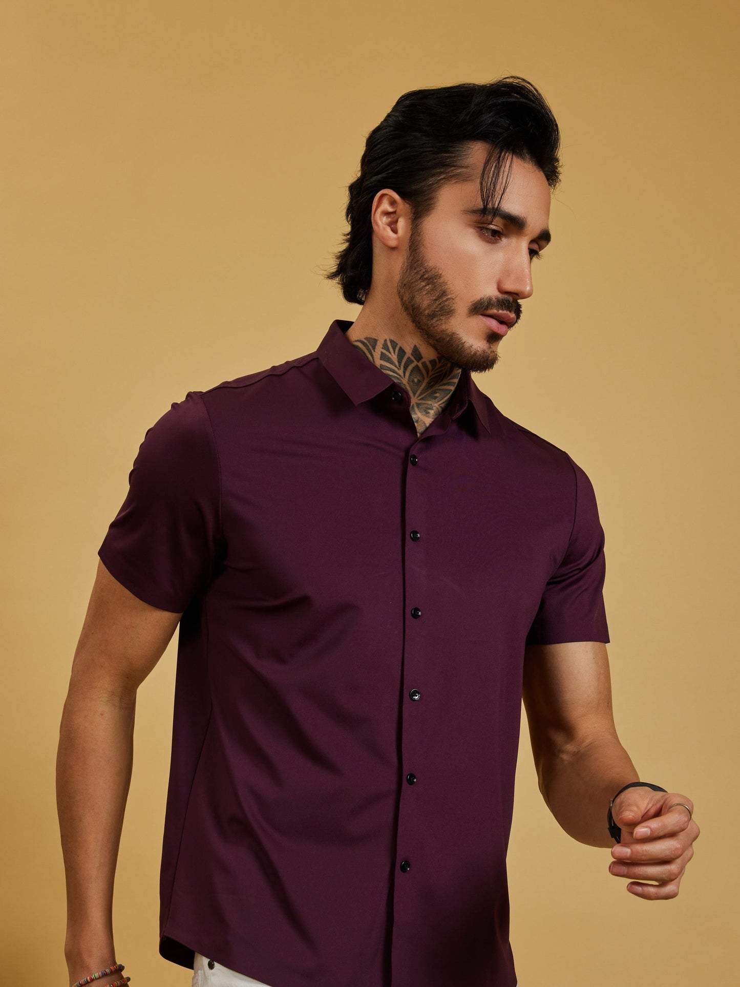 OTFIT Men’s Modern Nylon Stretch Shirt – Maroon (Half Sleeve, Slim Fit)