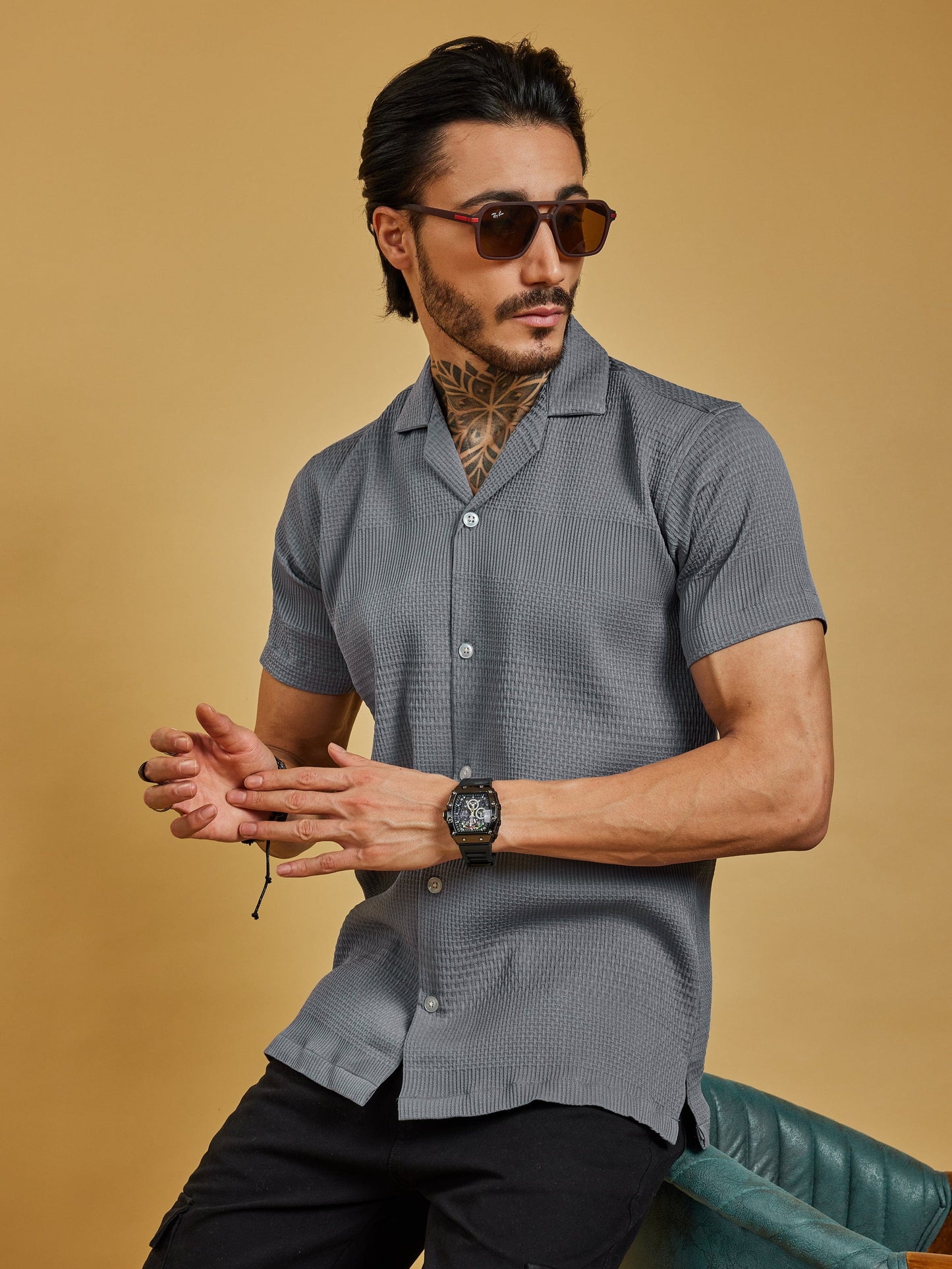 OTFIT Men's Popcorn Textured Shirt – Dusty Blue | Open Collar | Half Sleeve | Resort - Beach Style
