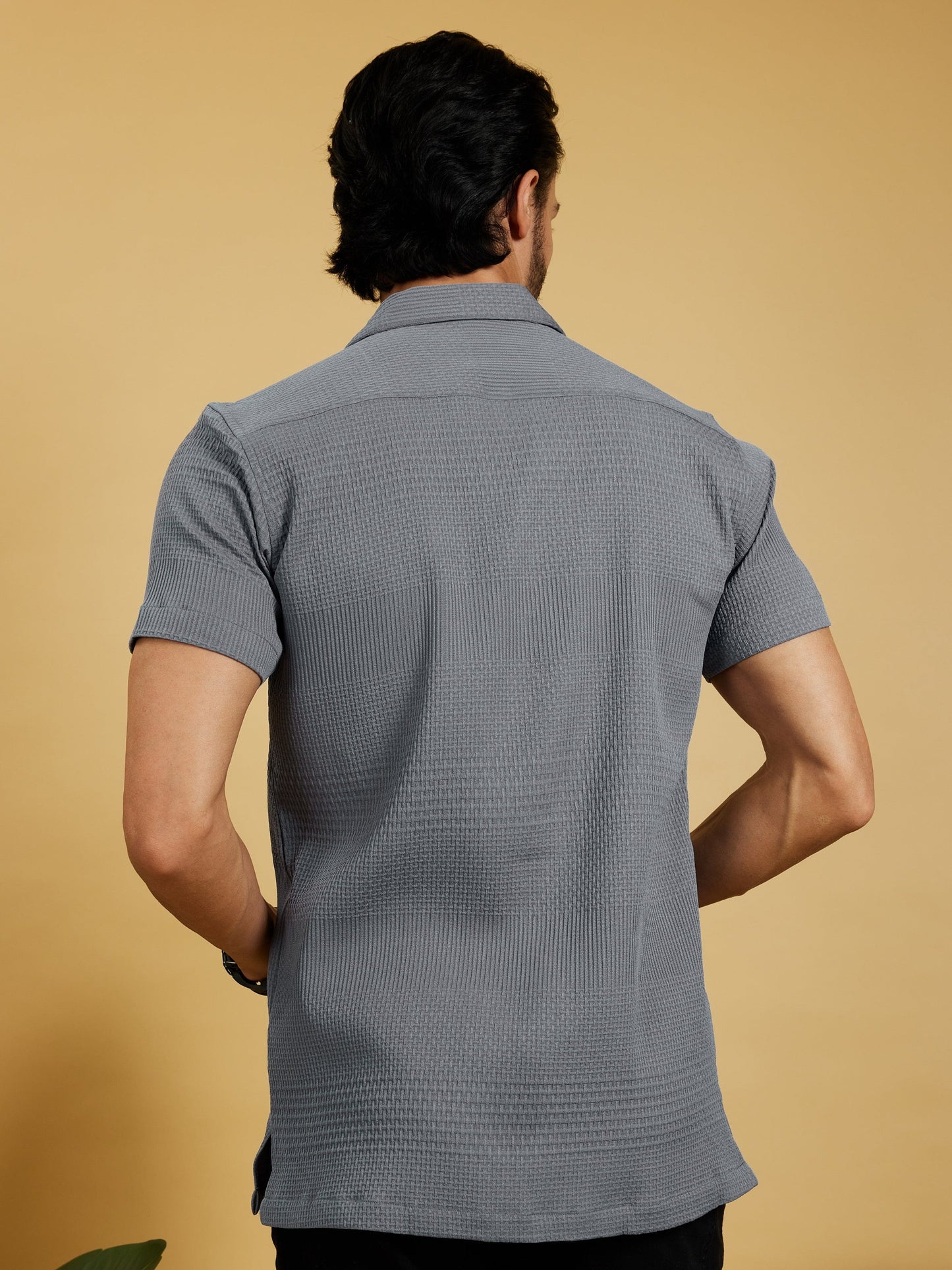 OTFIT Men's Popcorn Textured Shirt – Dusty Blue | Open Collar | Half Sleeve | Resort - Beach Style