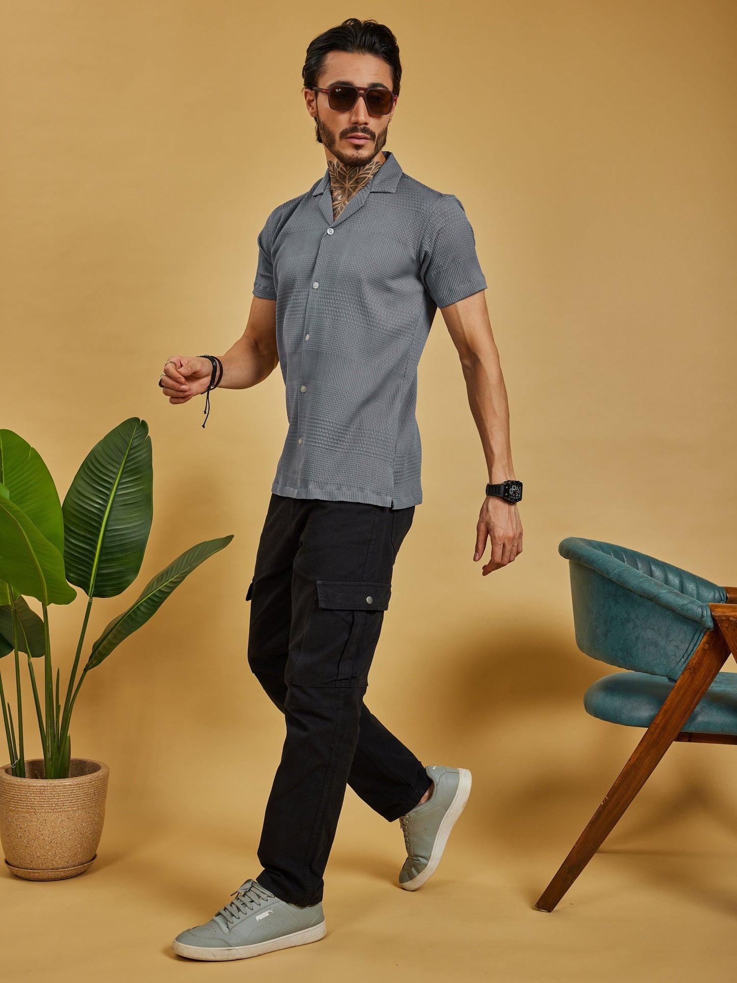 OTFIT Men's Popcorn Textured Shirt – Dusty Blue | Open Collar | Half Sleeve | Resort - Beach Style
