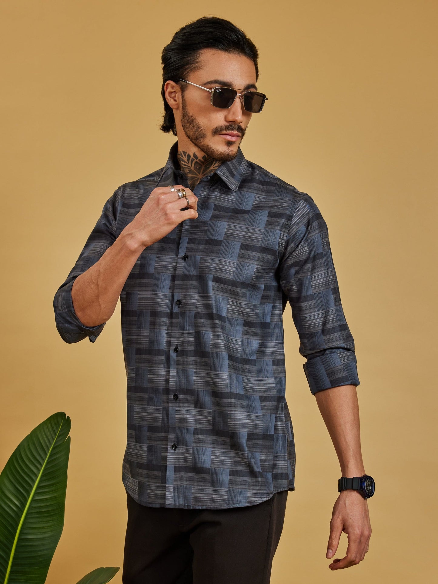 OTFIT Men's Premium Cotton Jacquard Weave Shirt – Charcoal Checks Full Sleeve | No Pocket
