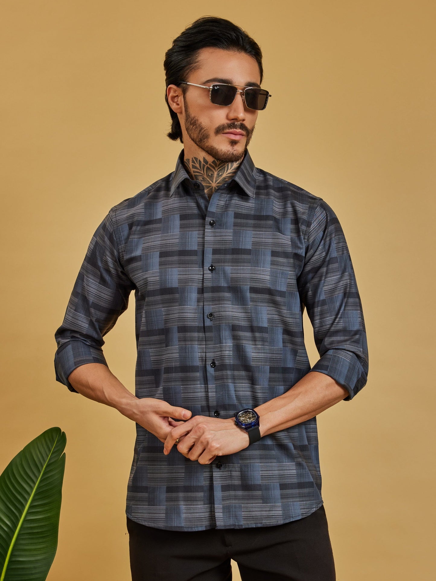OTFIT Men's Premium Cotton Jacquard Weave Shirt – Charcoal Checks Full Sleeve | No Pocket