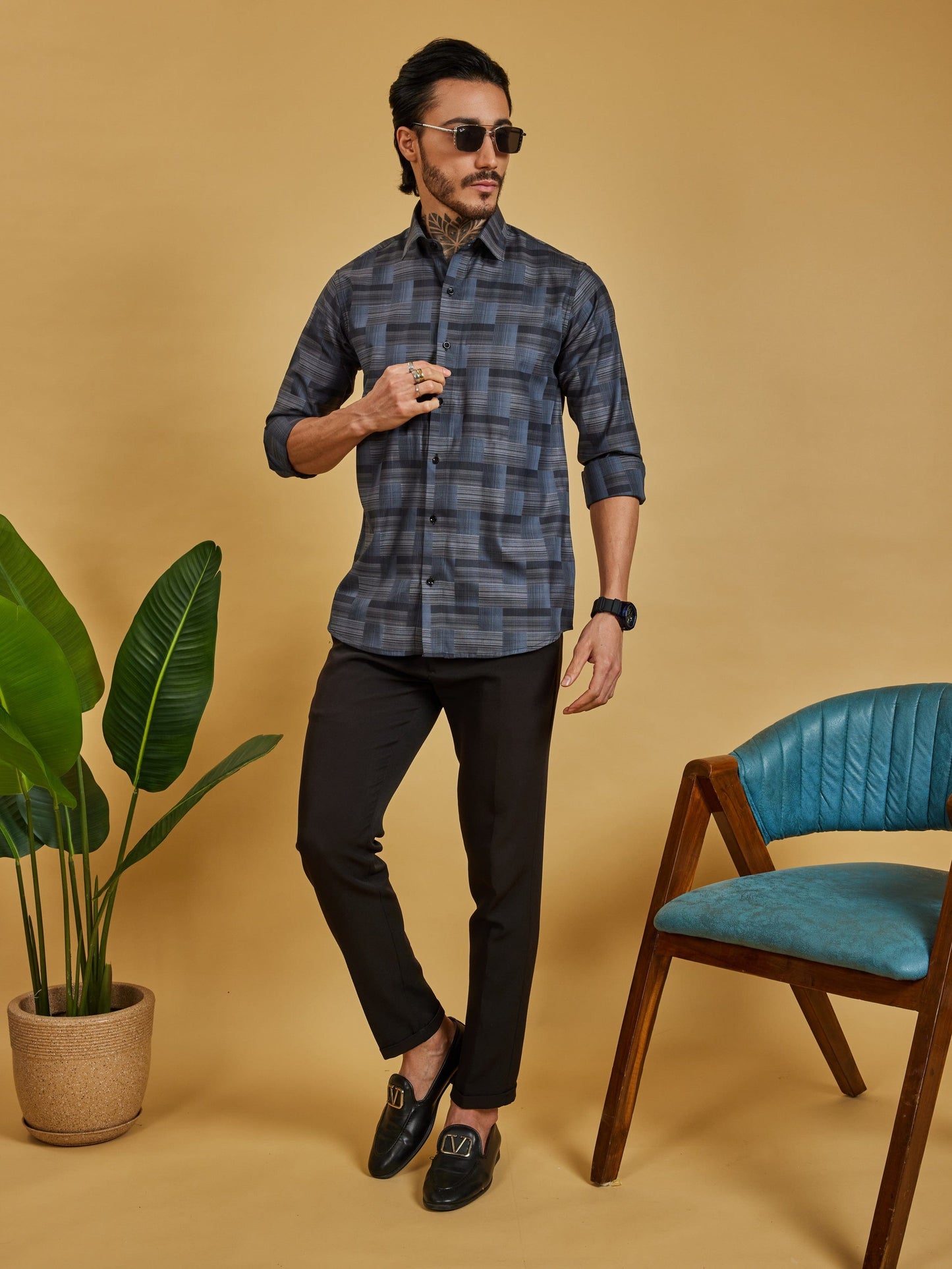 OTFIT Men's Premium Cotton Jacquard Weave Shirt – Charcoal Checks Full Sleeve | No Pocket