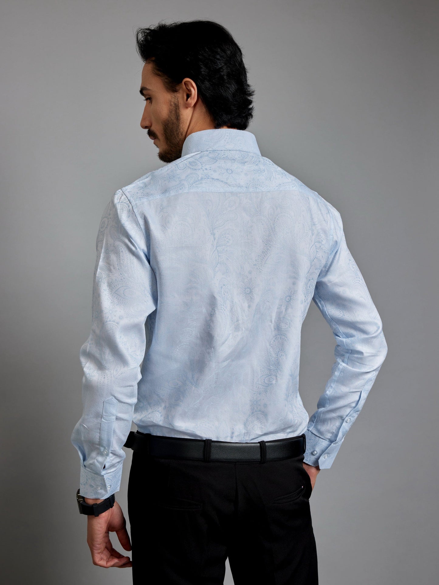 OTFIT Men’s Premium Light Blue Jacquard Cotton Shirt – Full Sleeve | Paisley Weave | No Pocket