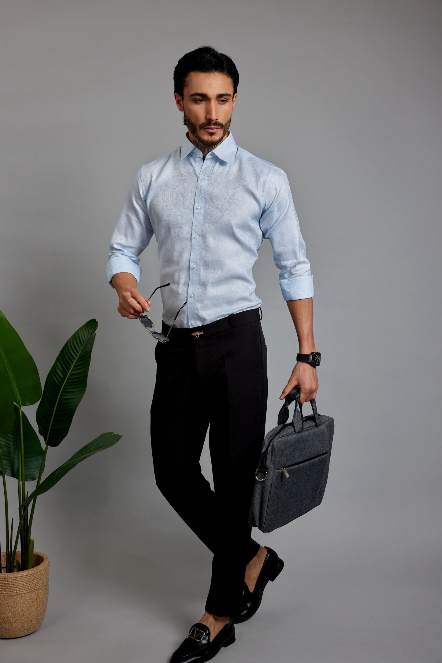 OTFIT Men’s Premium Light Blue Jacquard Cotton Shirt – Full Sleeve | Paisley Weave | No Pocket