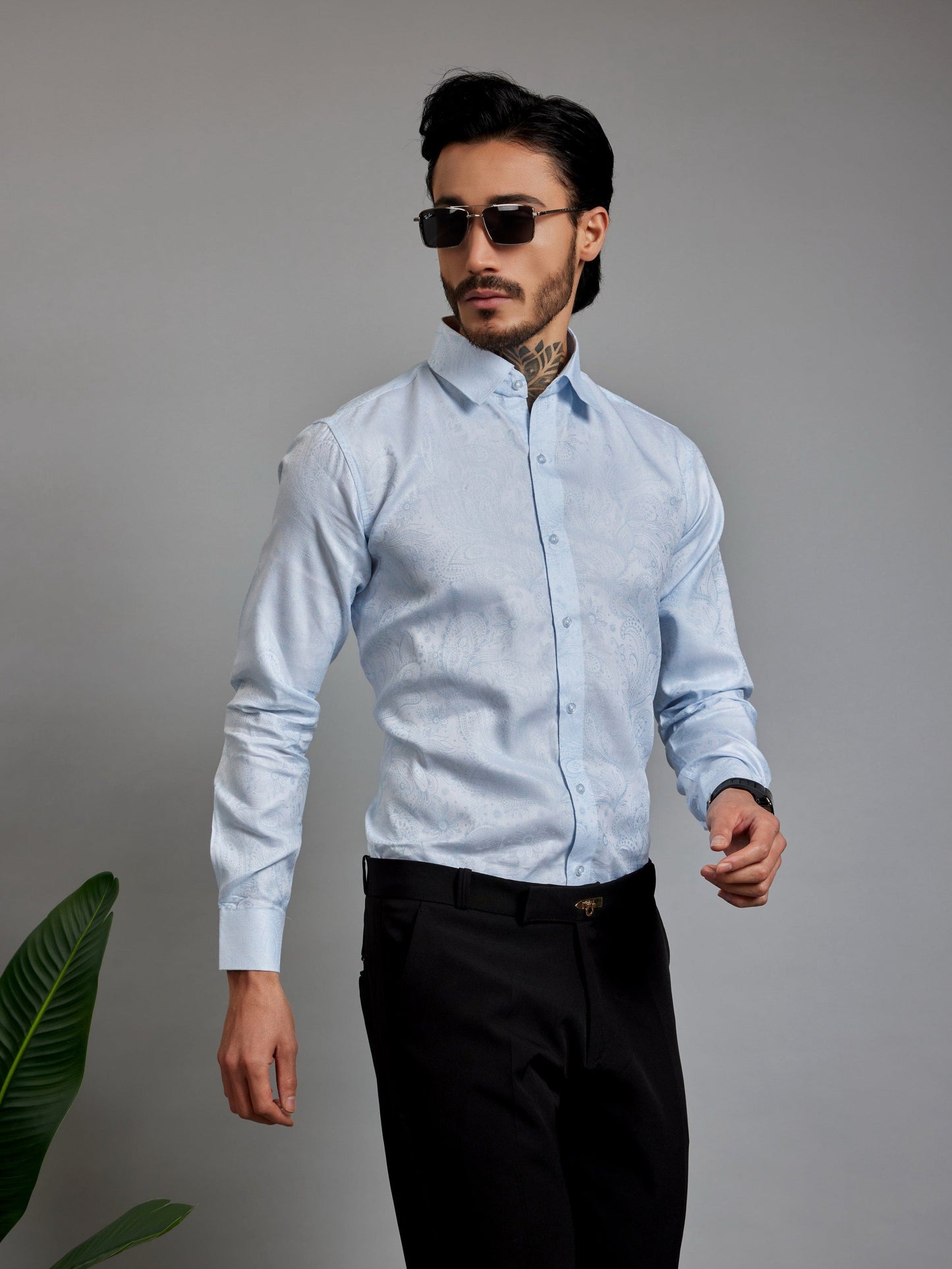 OTFIT Men’s Premium Light Blue Jacquard Cotton Shirt – Full Sleeve | Paisley Weave | No Pocket