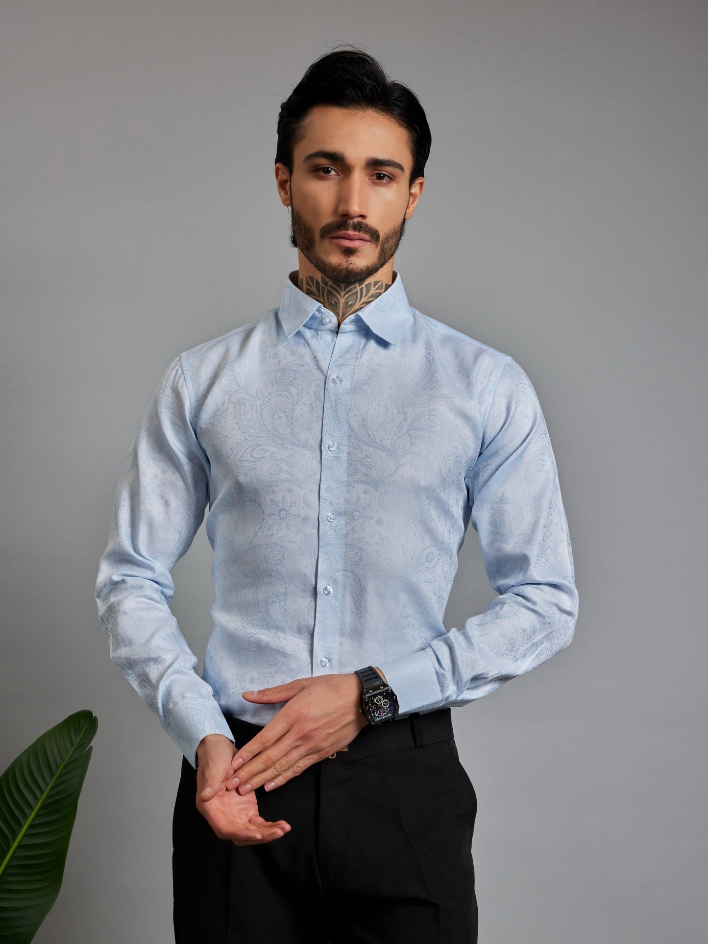 OTFIT Men’s Premium Light Blue Jacquard Cotton Shirt – Full Sleeve | Paisley Weave | No Pocket