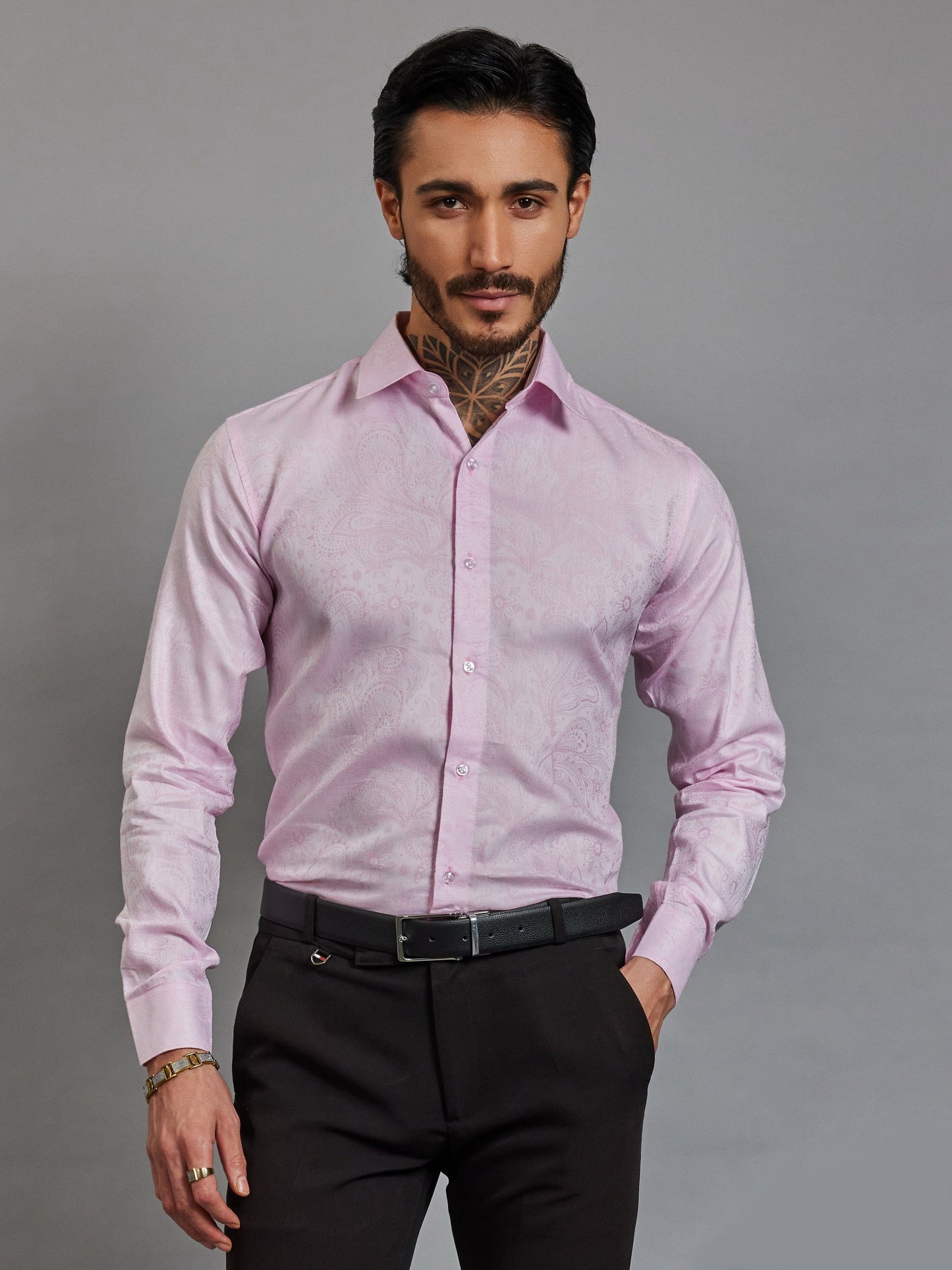 OTFIT Men’s Premium Pink Jacquard Cotton Shirt – Full Sleeve | Woven Paisley Design | No Pocket
