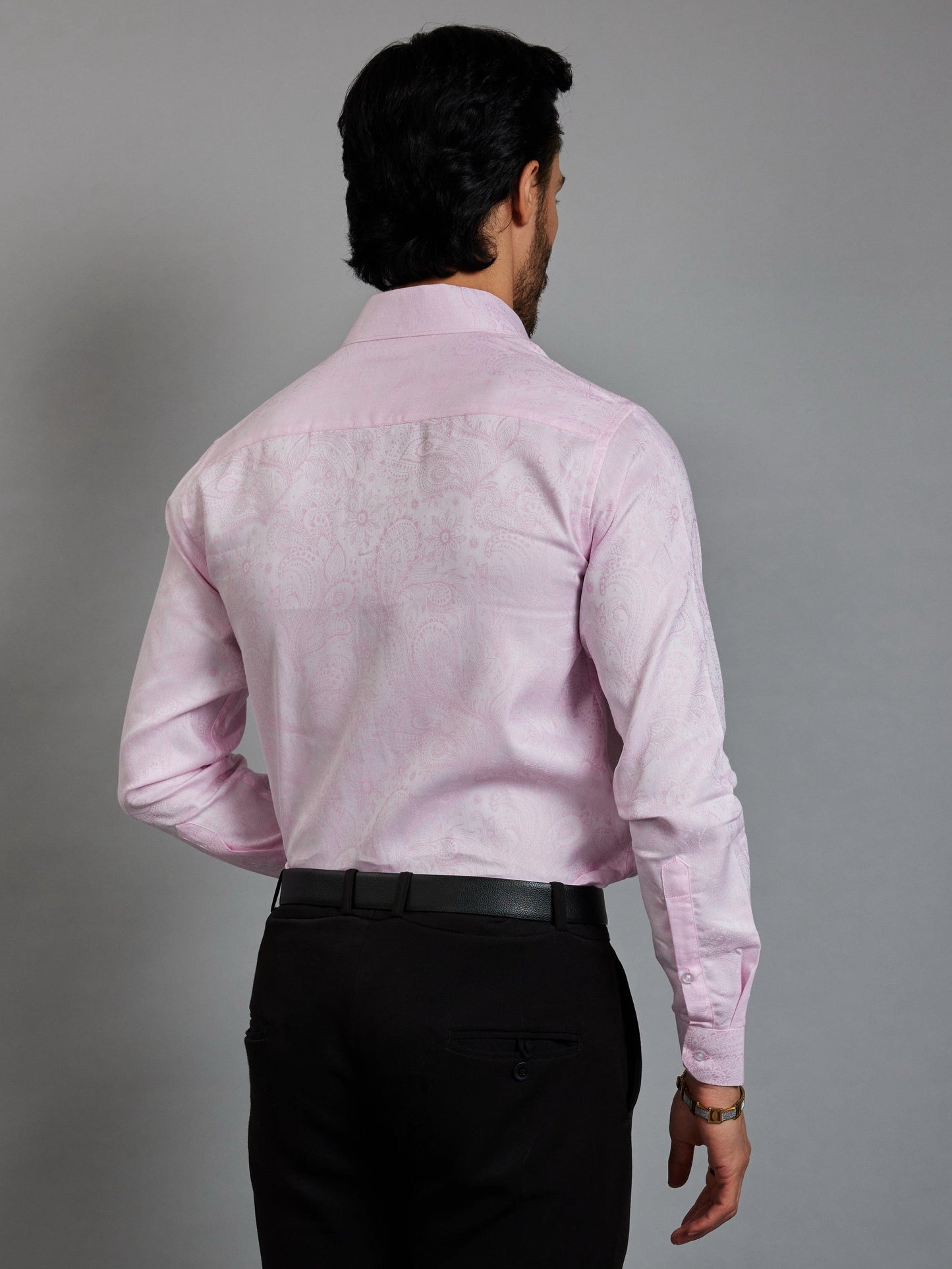 OTFIT Men’s Premium Pink Jacquard Cotton Shirt – Full Sleeve | Woven Paisley Design | No Pocket