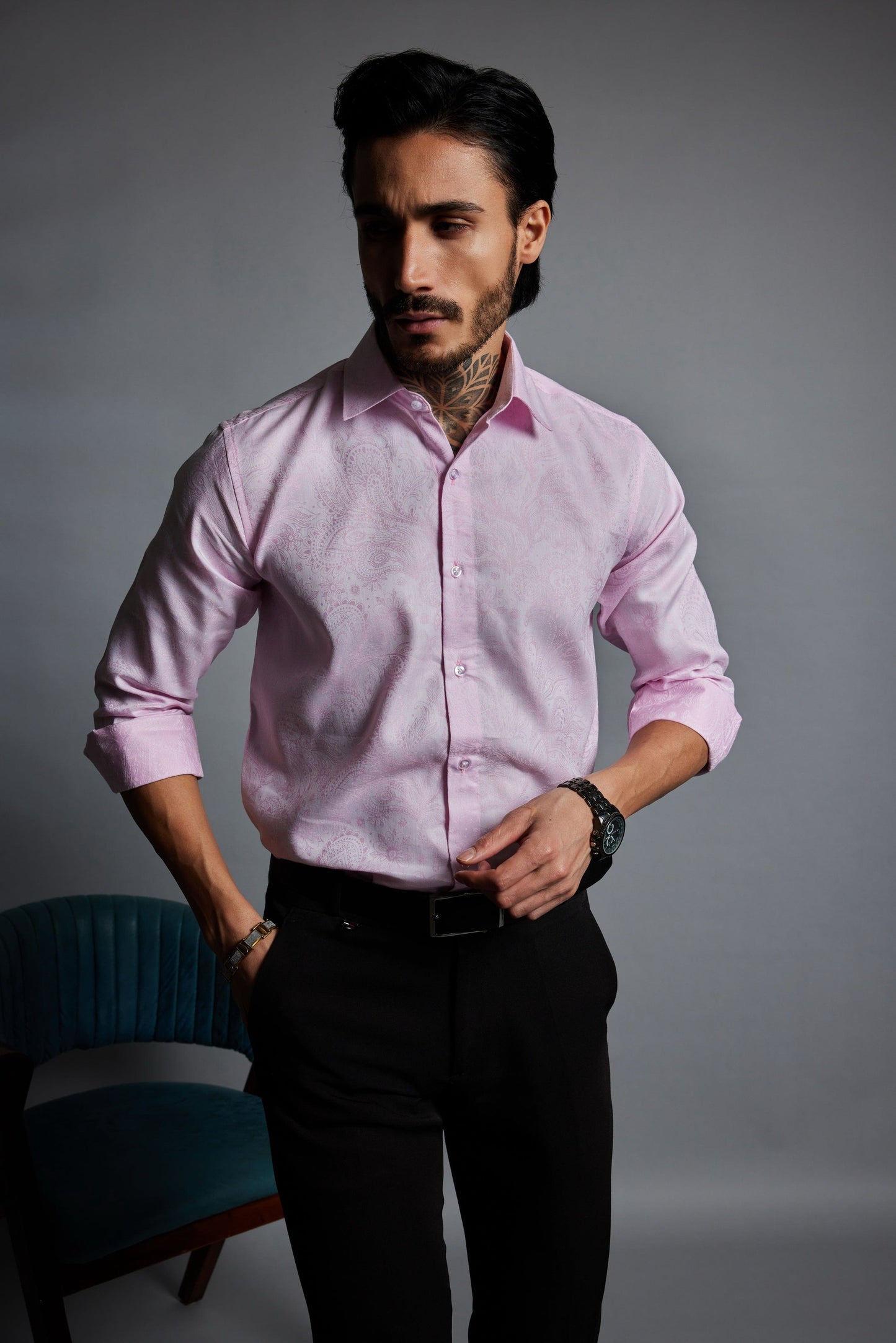 OTFIT Men’s Premium Pink Jacquard Cotton Shirt – Full Sleeve | Woven Paisley Design | No Pocket