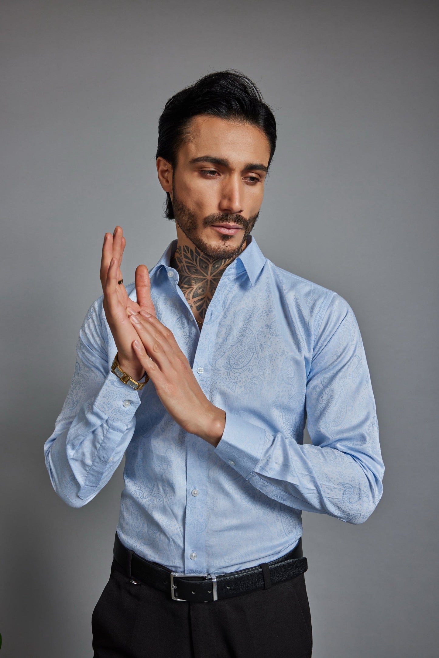 OTFIT Men’s Sky Blue Jacquard Cotton Shirt – Barik Design Full Sleeve | Premium Casual Look