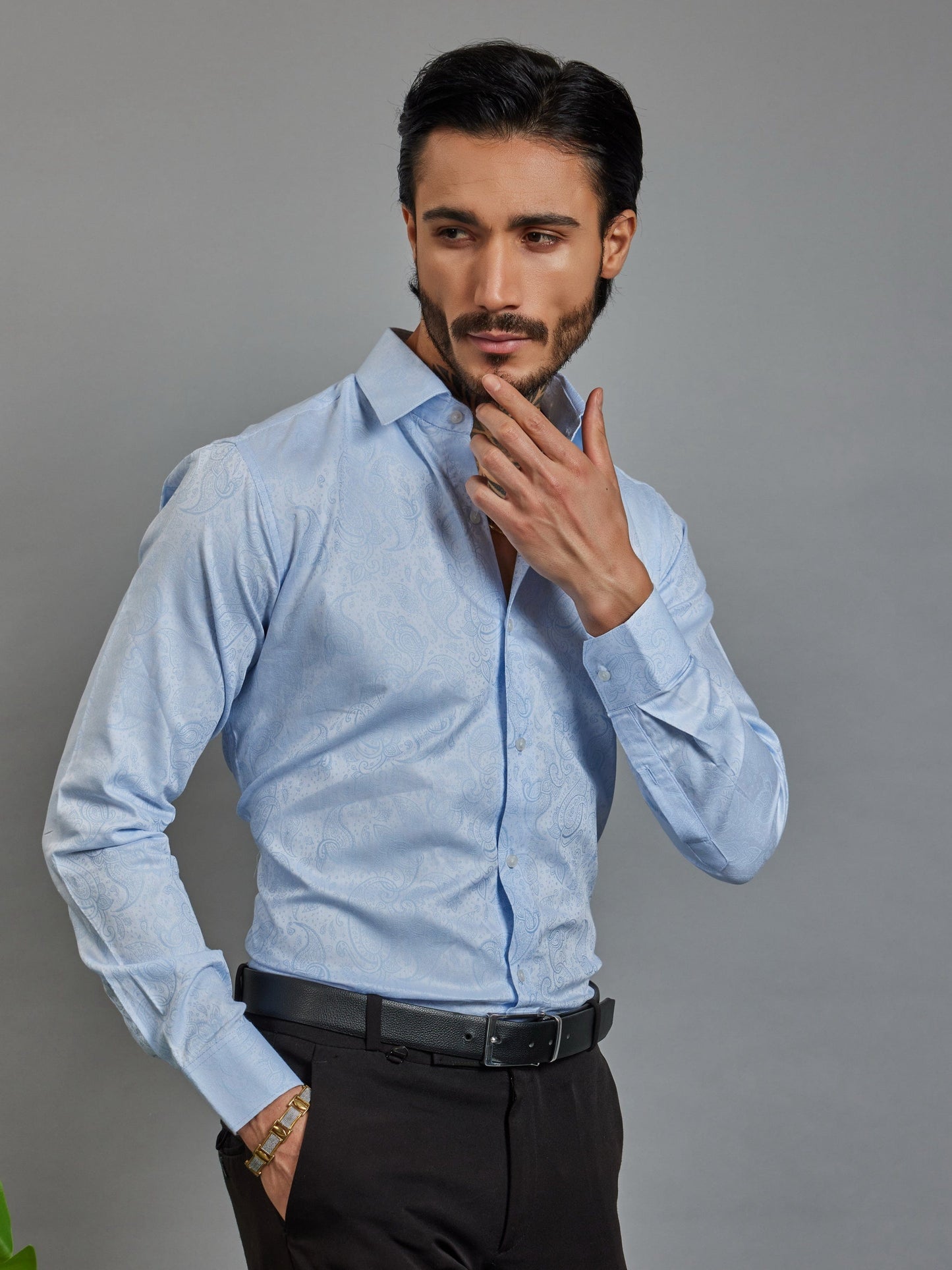 OTFIT Men’s Sky Blue Jacquard Cotton Shirt – Barik Design Full Sleeve | Premium Casual Look