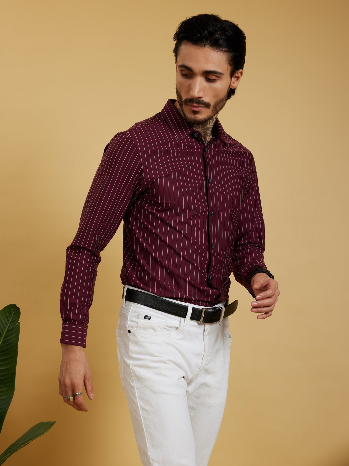 OTFIT Men’s Stitchless Full Sleeve Striped Shirt – Premium Nylon Fabric (Maroon)