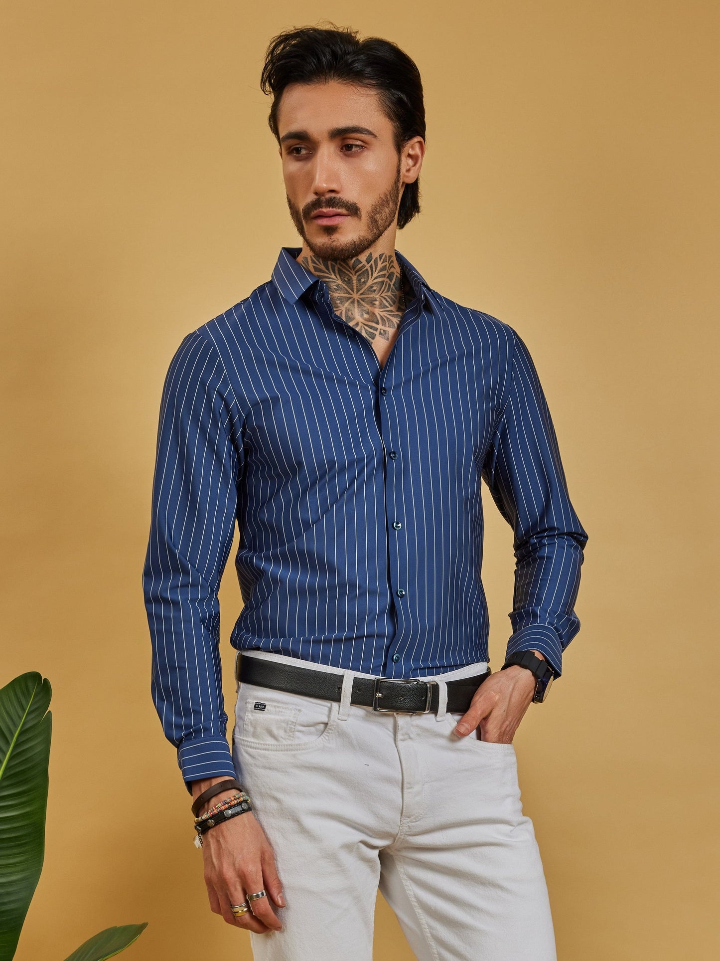 OTFIT Men’s Stitchless Full Sleeve Striped Shirt – Premium Nylon Fabric (Navy Blue)