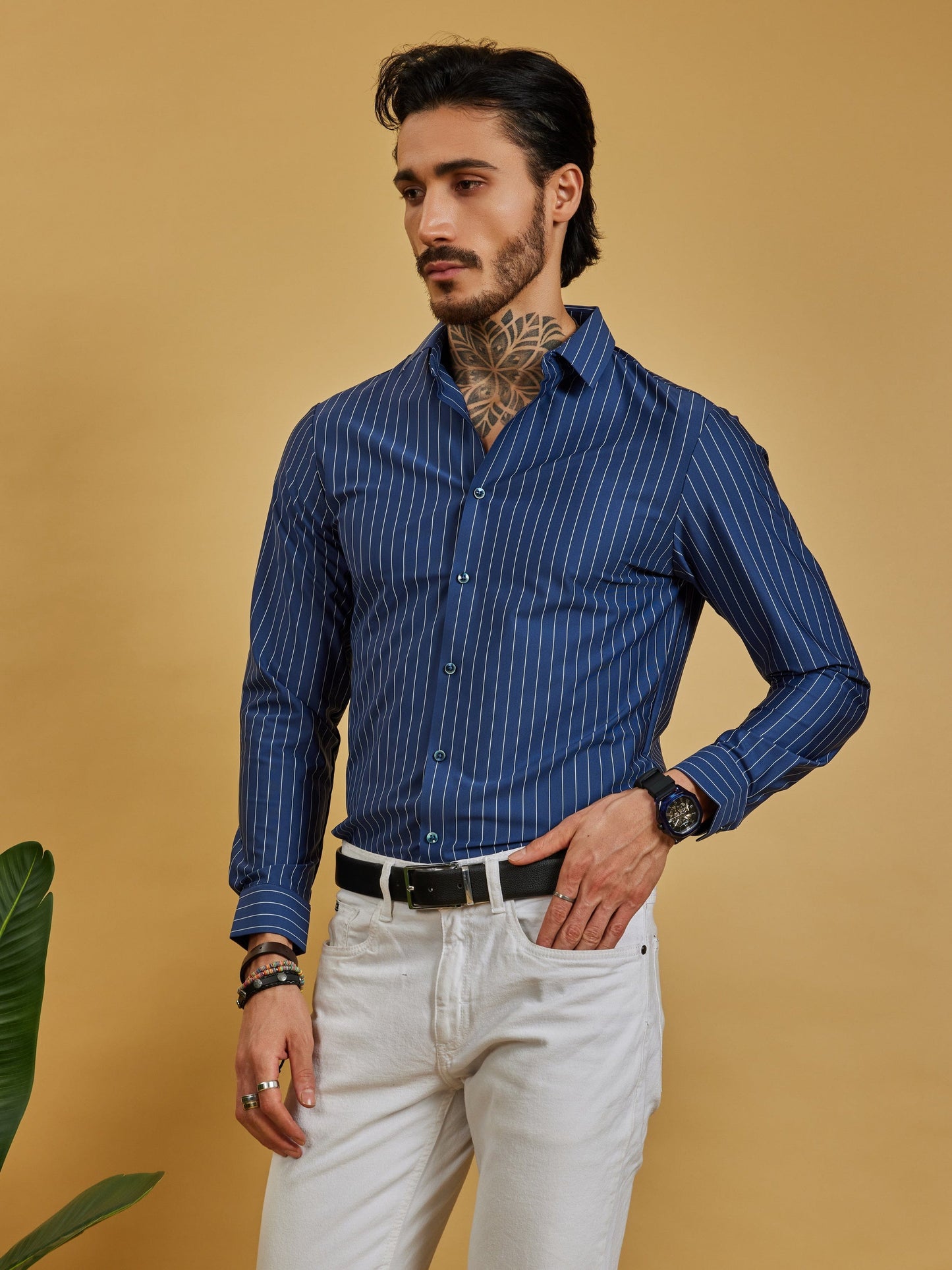 OTFIT Men’s Stitchless Full Sleeve Striped Shirt – Premium Nylon Fabric (Navy Blue)
