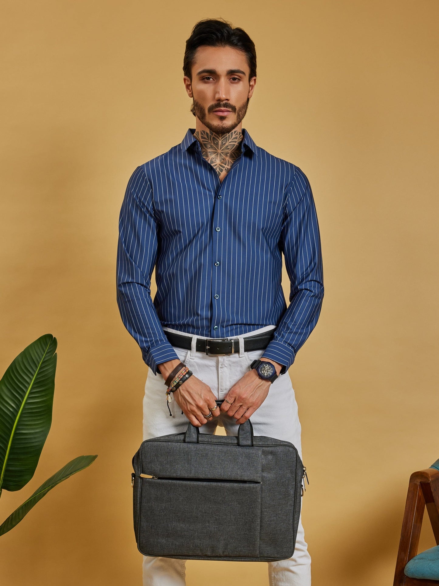 OTFIT Men’s Stitchless Full Sleeve Striped Shirt – Premium Nylon Fabric (Navy Blue)