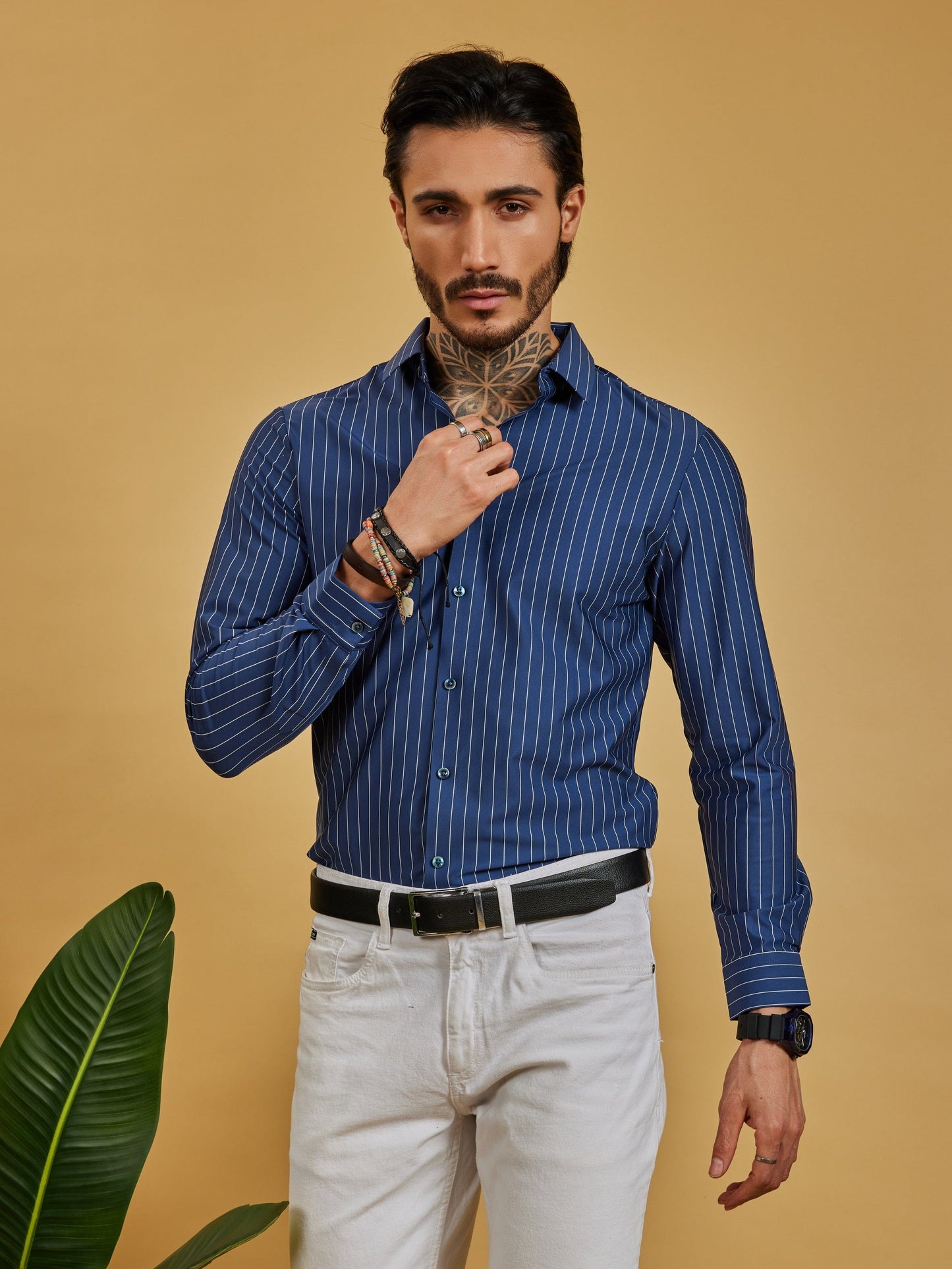 OTFIT Men’s Stitchless Full Sleeve Striped Shirt – Premium Nylon Fabric (Navy Blue)