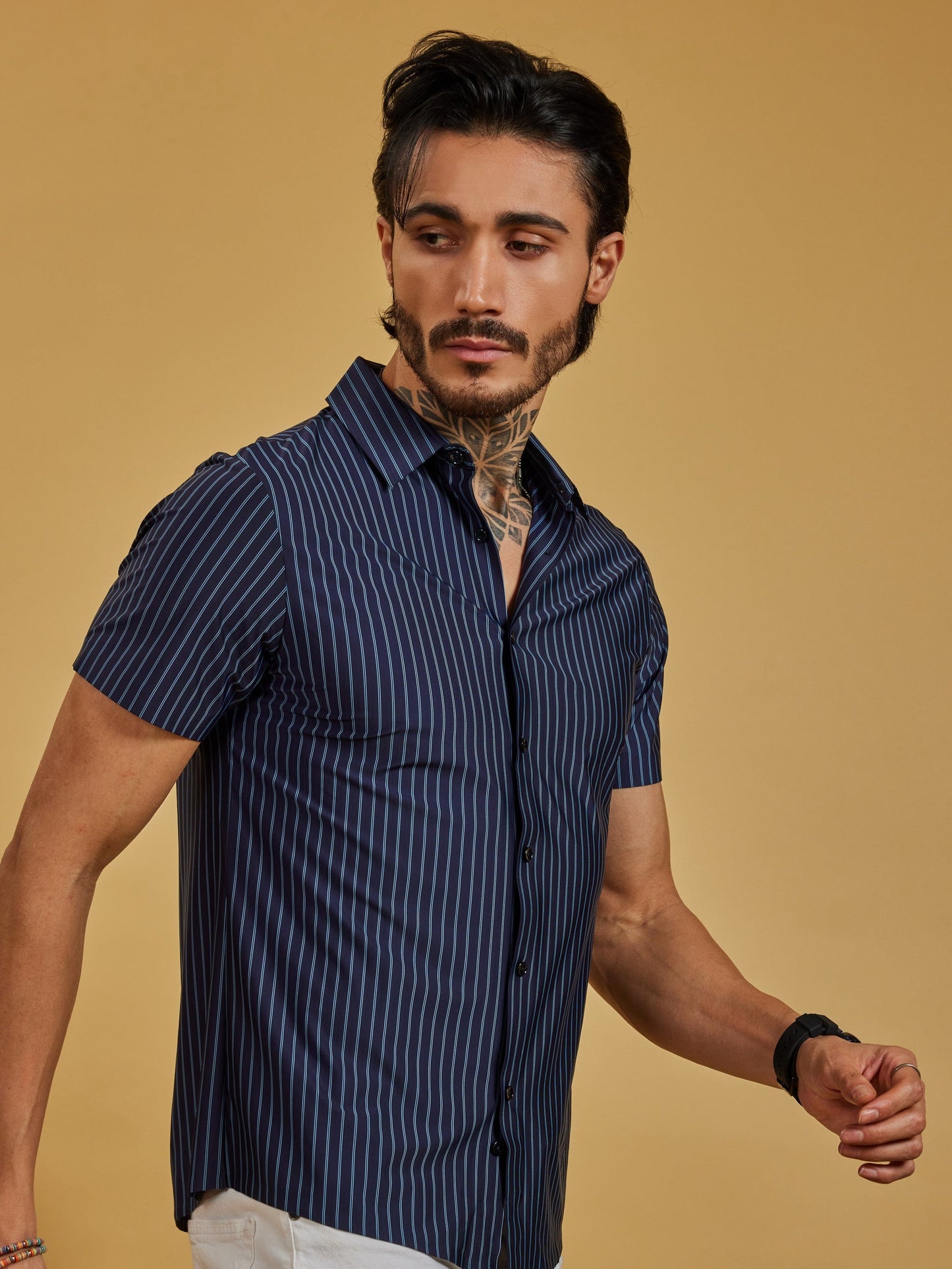 OTFIT Men’s Stitchless Half Sleeve Shirt Premium Nylon, Lightweight Comfort (Navy Blue Stripes)