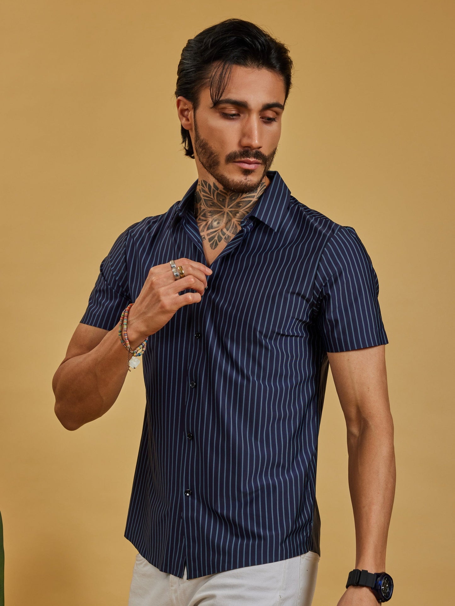 OTFIT Men’s Stitchless Half Sleeve Shirt Premium Nylon, Lightweight Comfort (Navy Blue Stripes)