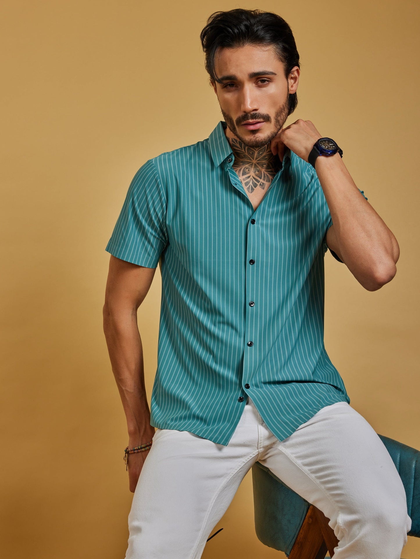 OTFIT Men’s Stitchless Half Sleeve Shirt Premium Nylon, Lightweight (Sea Green Stripes)