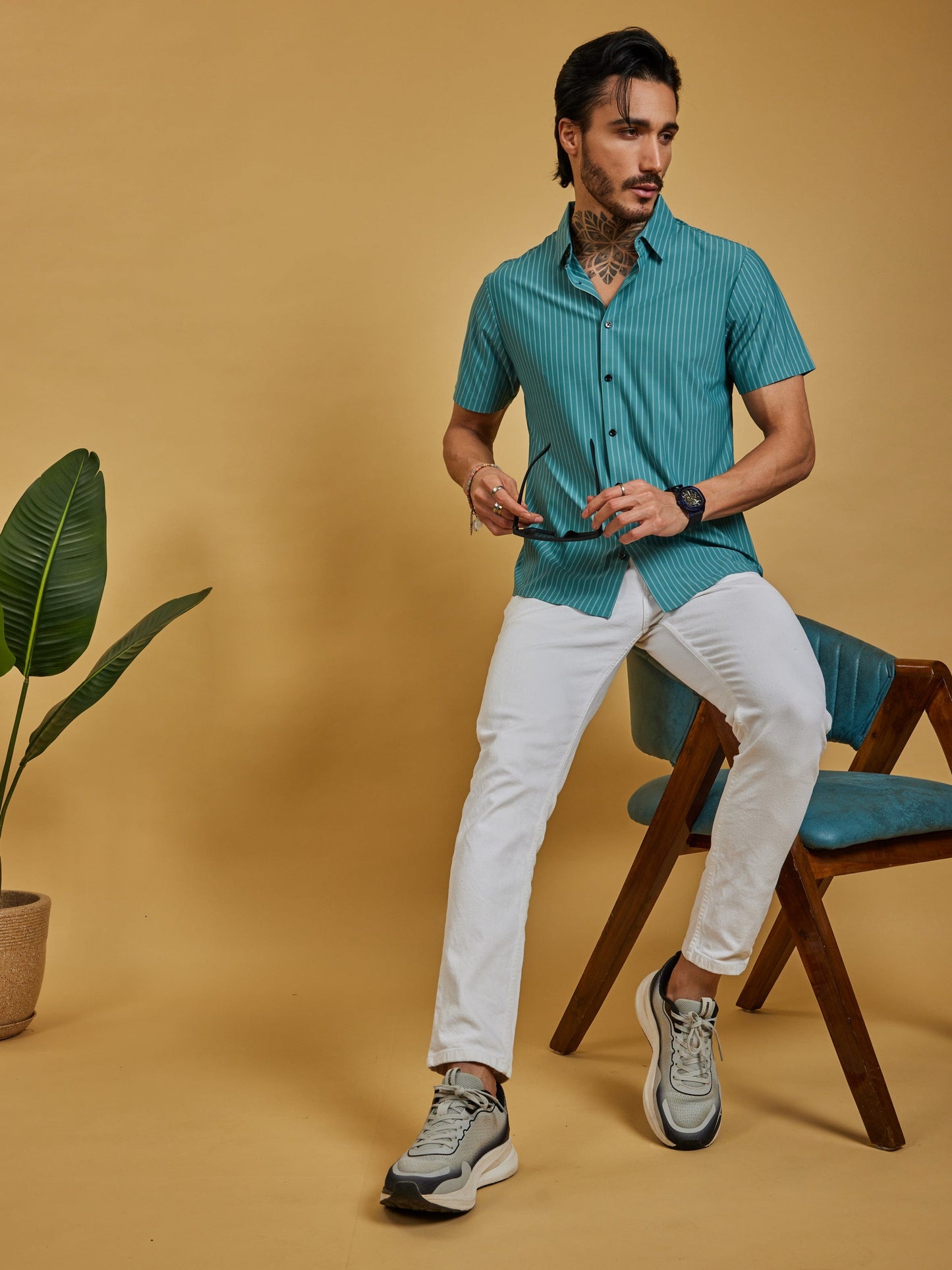 OTFIT Men’s Stitchless Half Sleeve Shirt Premium Nylon, Lightweight (Sea Green Stripes)