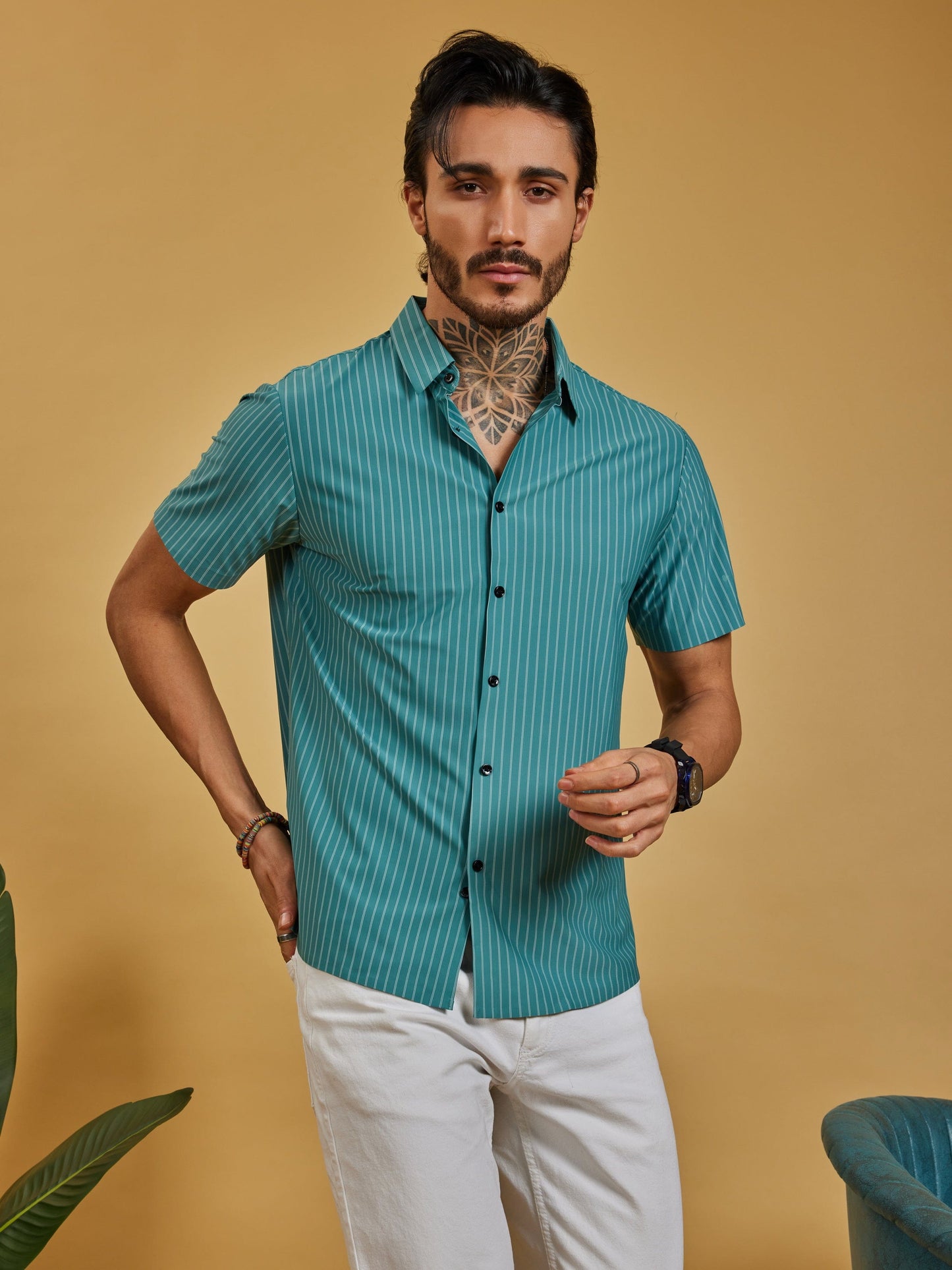 OTFIT Men’s Stitchless Half Sleeve Shirt Premium Nylon, Lightweight (Sea Green Stripes)
