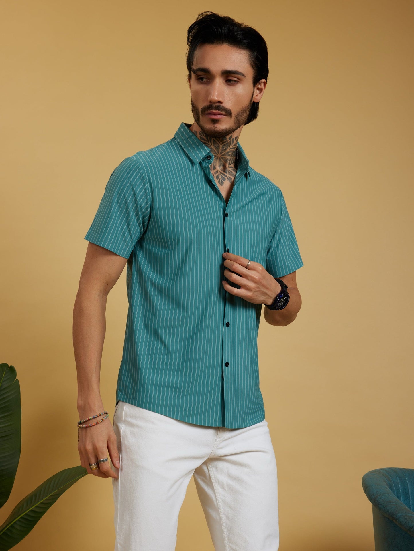 OTFIT Men’s Stitchless Half Sleeve Shirt Premium Nylon, Lightweight (Sea Green Stripes)