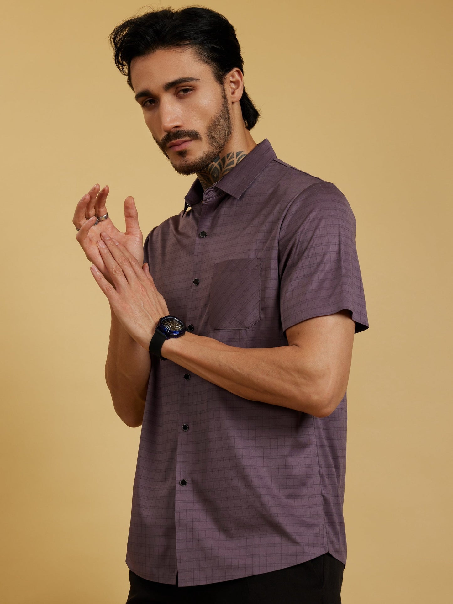 OTFIT Men’s Stitchless Half Sleeve Shirt – Smoky Mauve Box Checks with Pocket