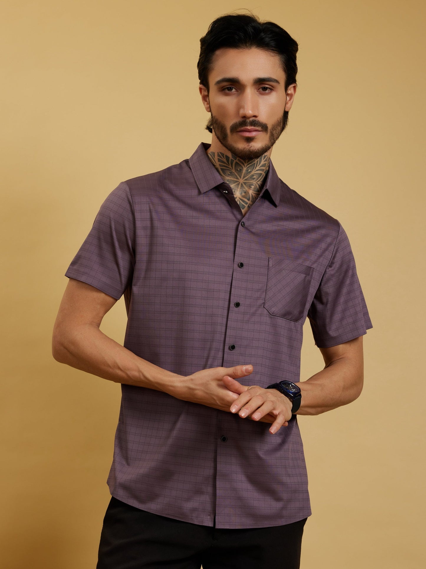 OTFIT Men’s Stitchless Half Sleeve Shirt – Smoky Mauve Box Checks with Pocket