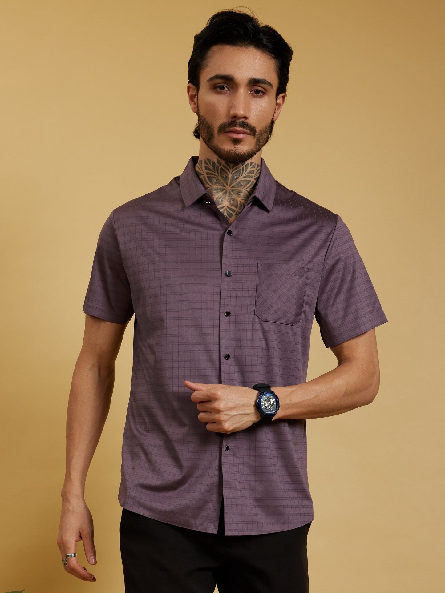 OTFIT Men’s Stitchless Half Sleeve Shirt – Smoky Mauve Box Checks with Pocket