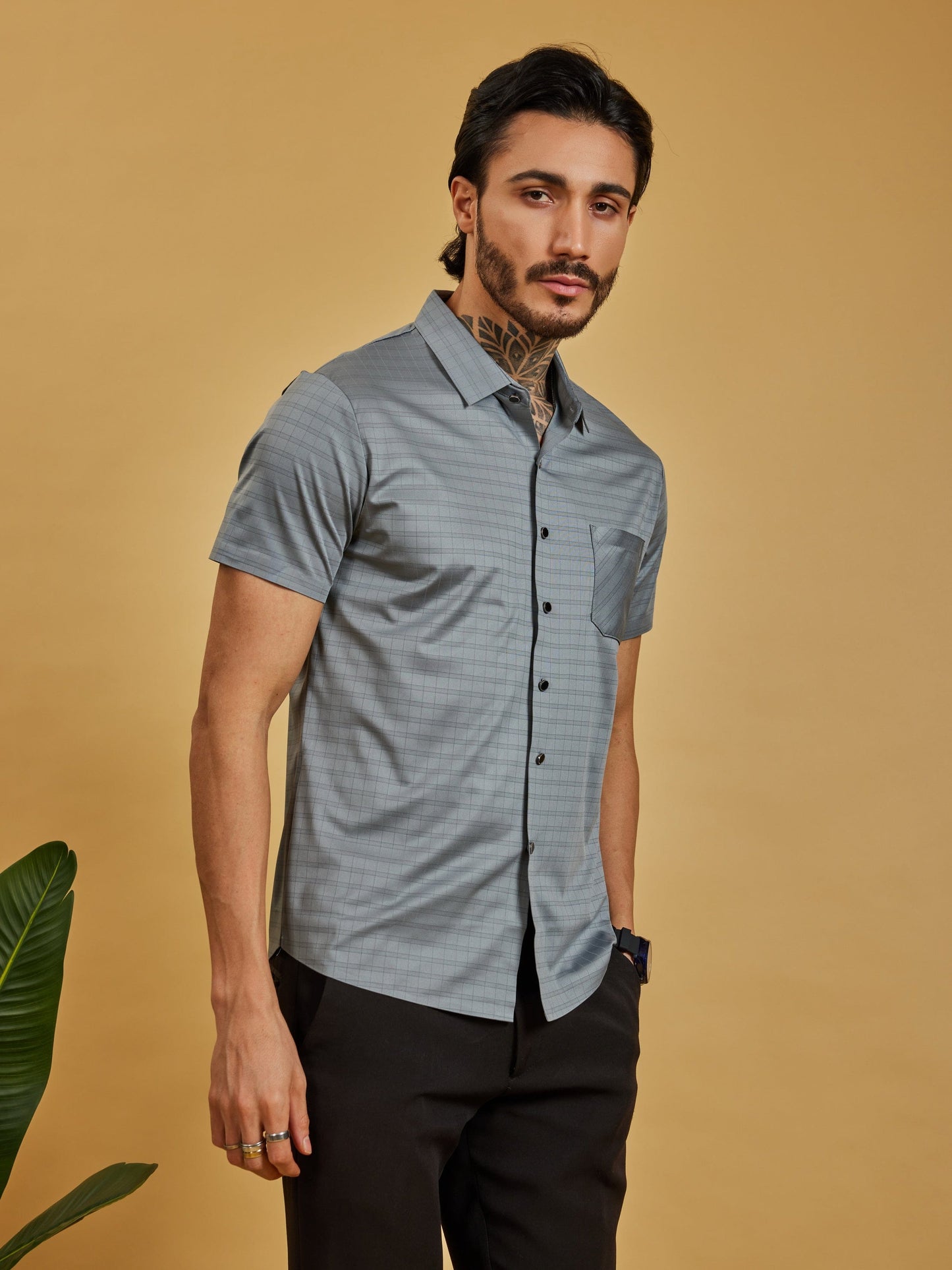 OTFIT Men’s Stitchless Half Sleeve Shirt Steel Grey Box Checks with Pocket