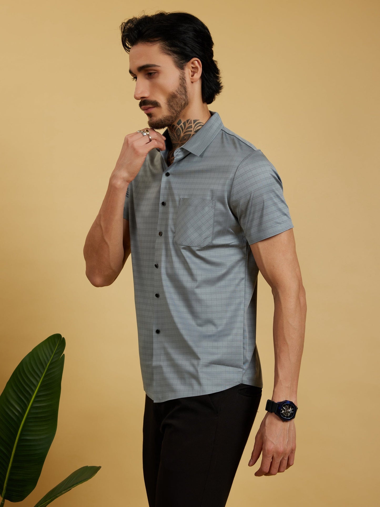 OTFIT Men’s Stitchless Half Sleeve Shirt Steel Grey Box Checks with Pocket