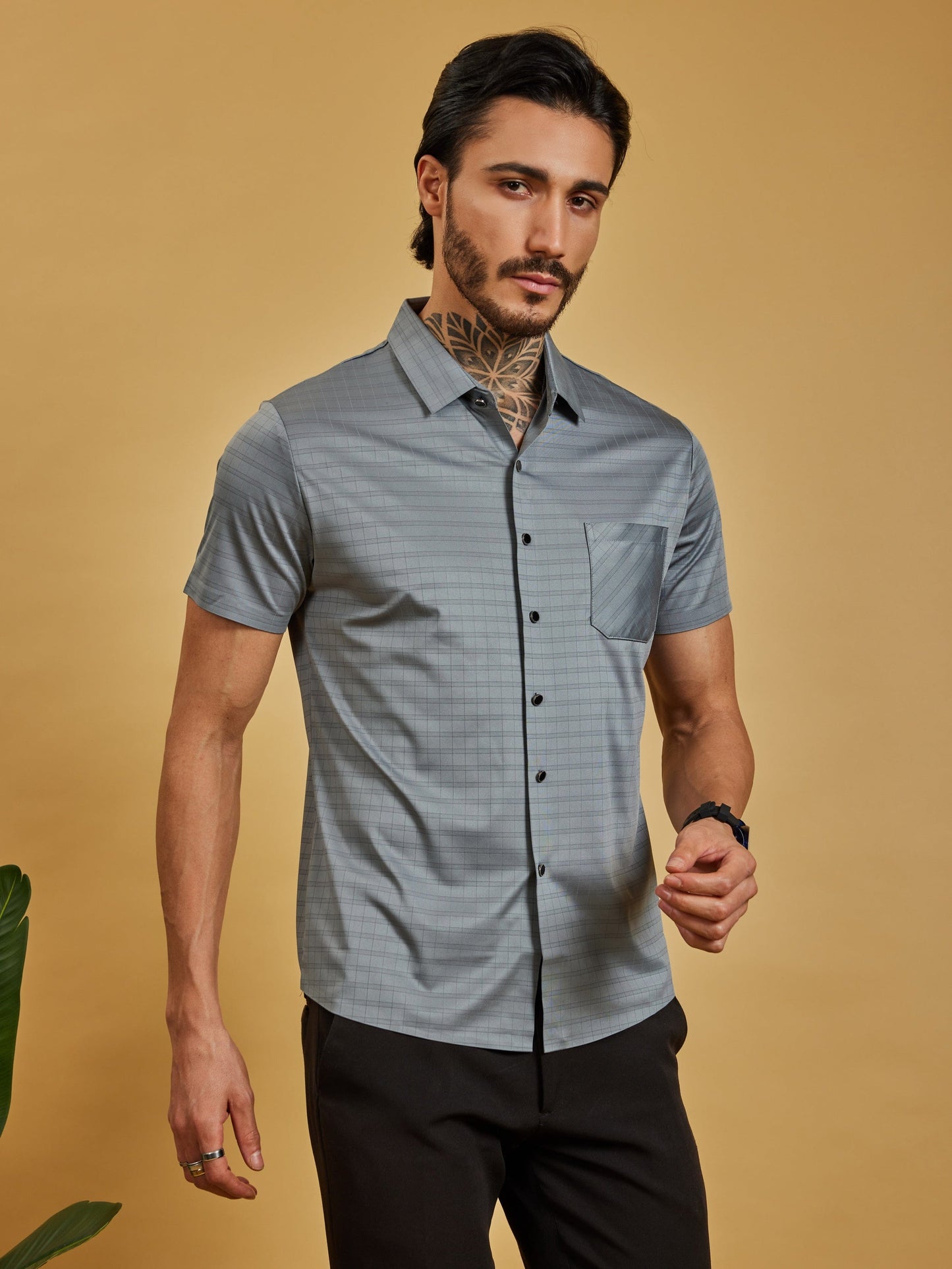 OTFIT Men’s Stitchless Half Sleeve Shirt Steel Grey Box Checks with Pocket
