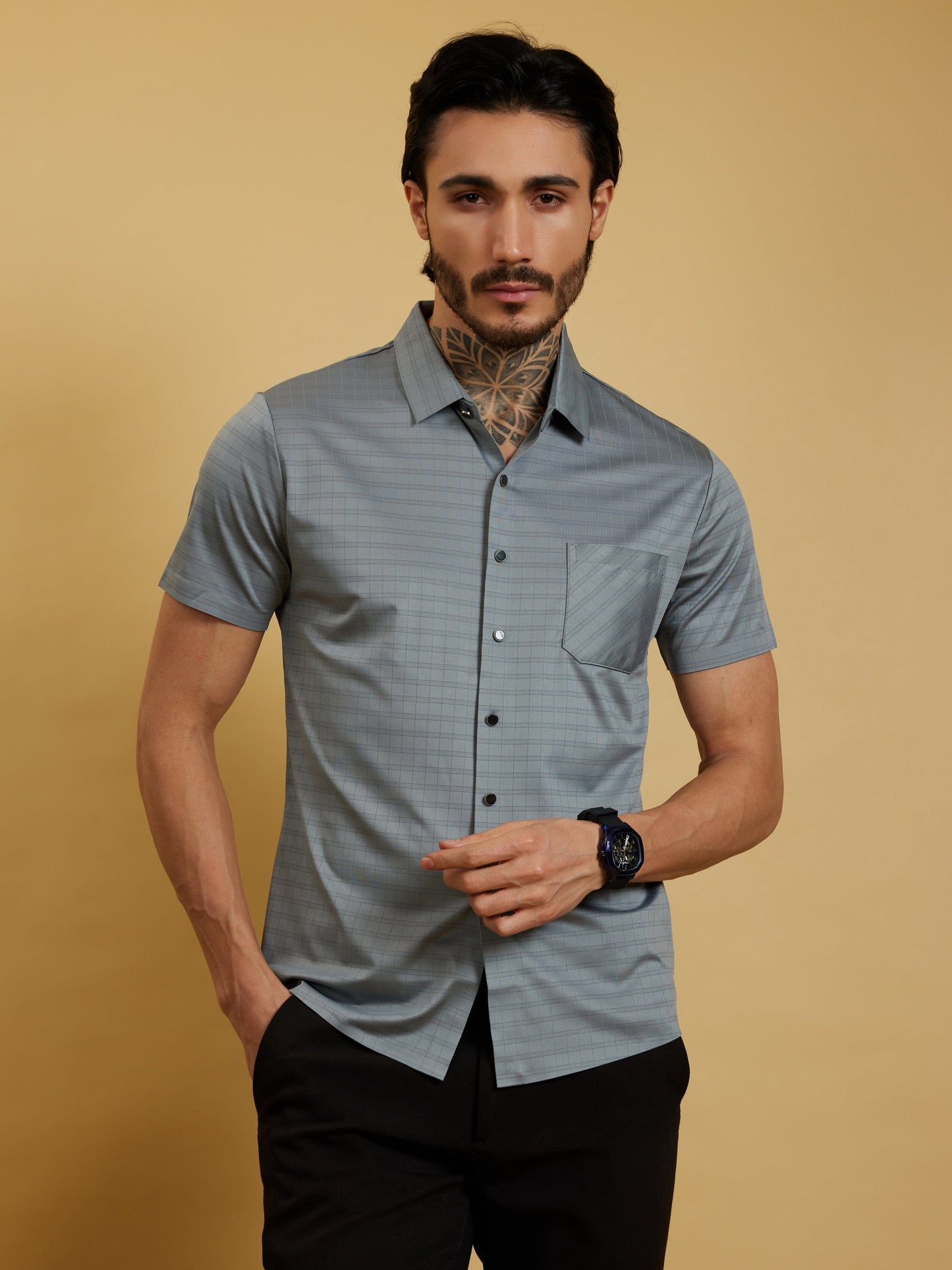 OTFIT Men’s Stitchless Half Sleeve Shirt Steel Grey Box Checks with Pocket