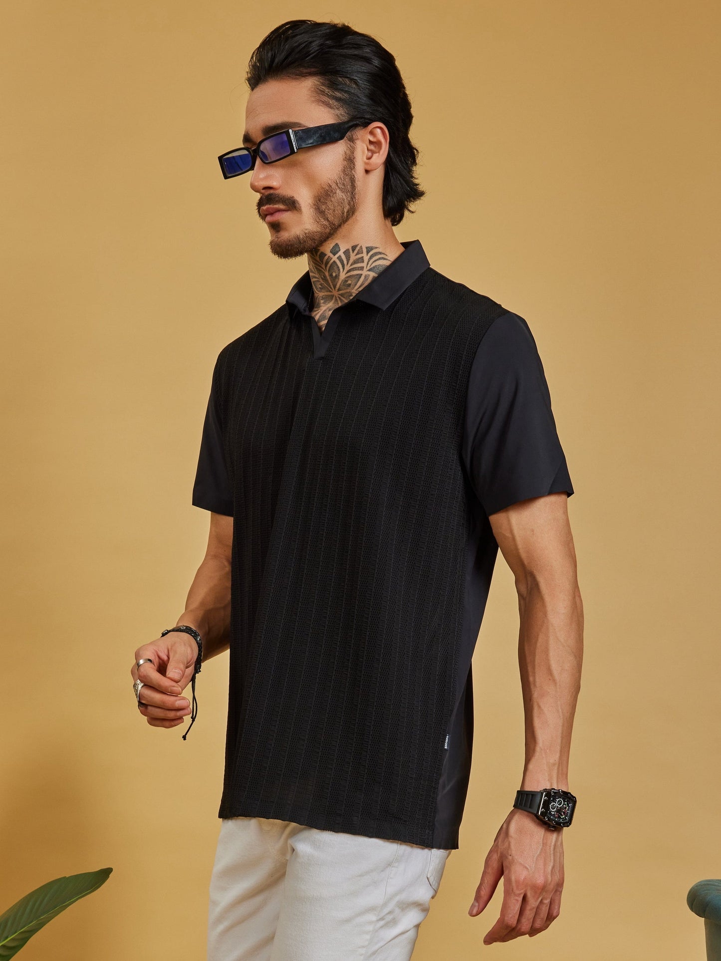 OTFIT T-Shirt Men’s Black Polo T-Shirt – Premium Nylon with Mesh Vertical Texture Limited Edition