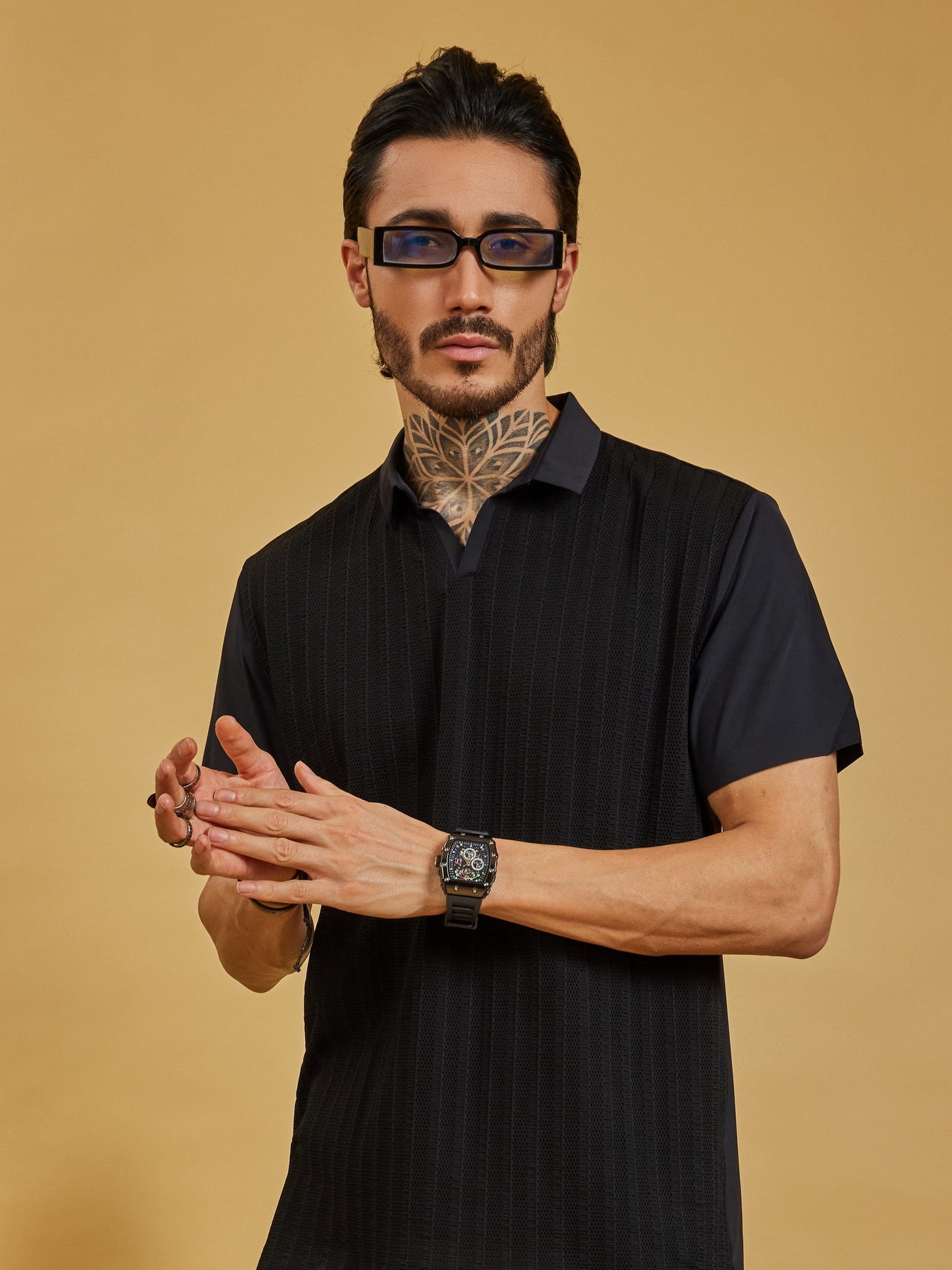 OTFIT T-Shirt Men’s Black Polo T-Shirt – Premium Nylon with Mesh Vertical Texture Limited Edition