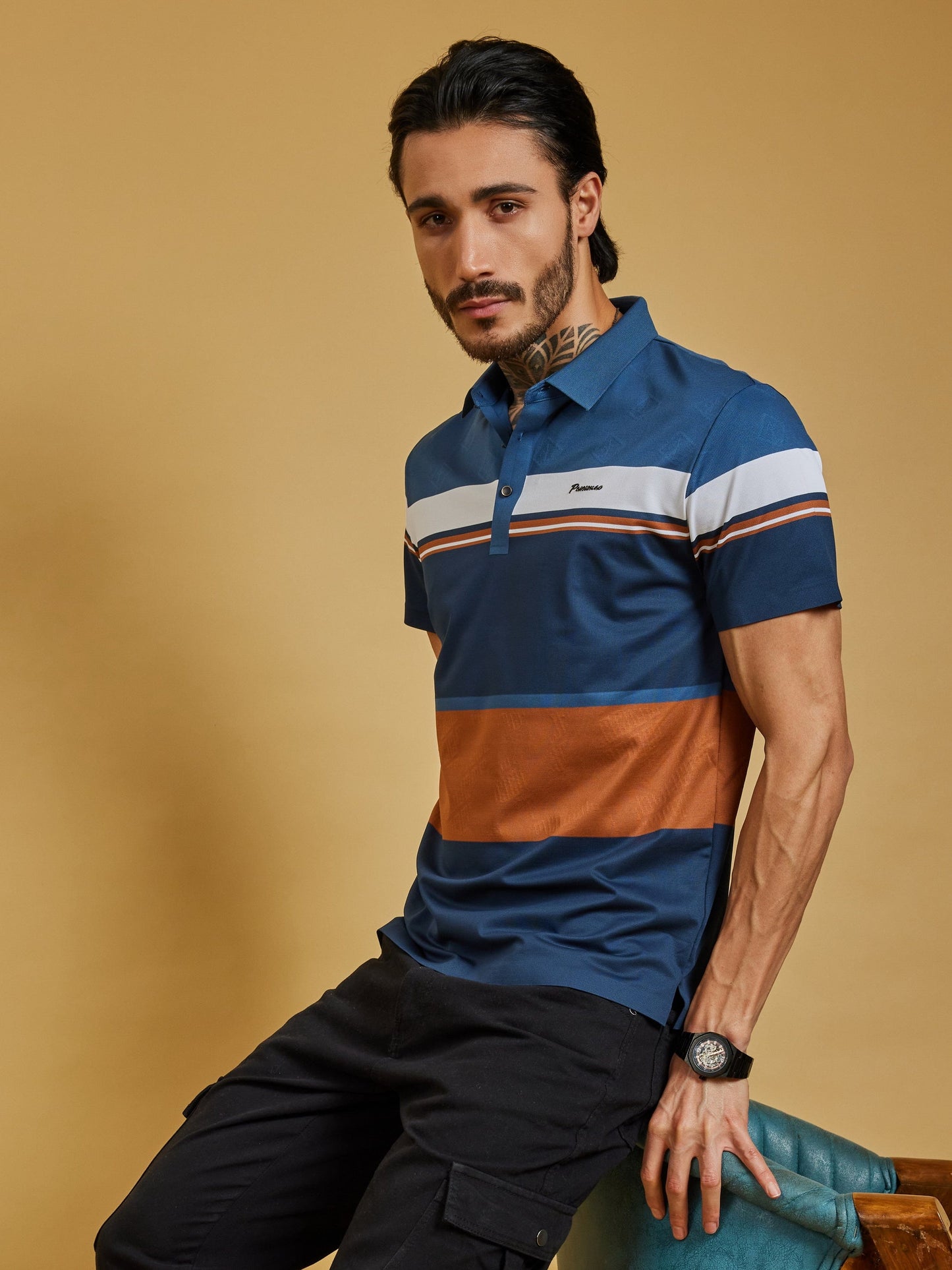 OTFIT T-Shirt Men’s Color Block Polo T-Shirt – Navy, Rust & White Stripe, Lightweight Nylon, Sport Casual Fit