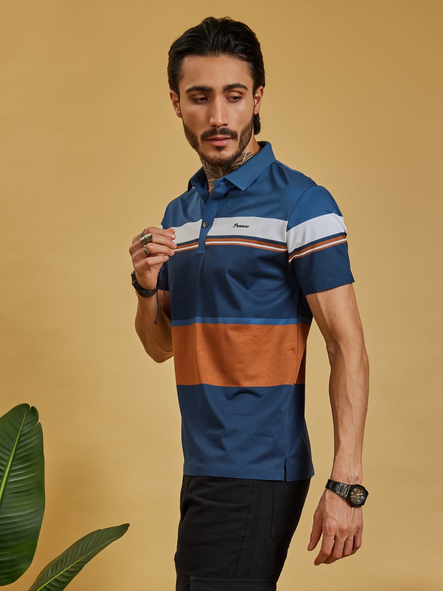 OTFIT T-Shirt Men’s Color Block Polo T-Shirt – Navy, Rust & White Stripe, Lightweight Nylon, Sport Casual Fit