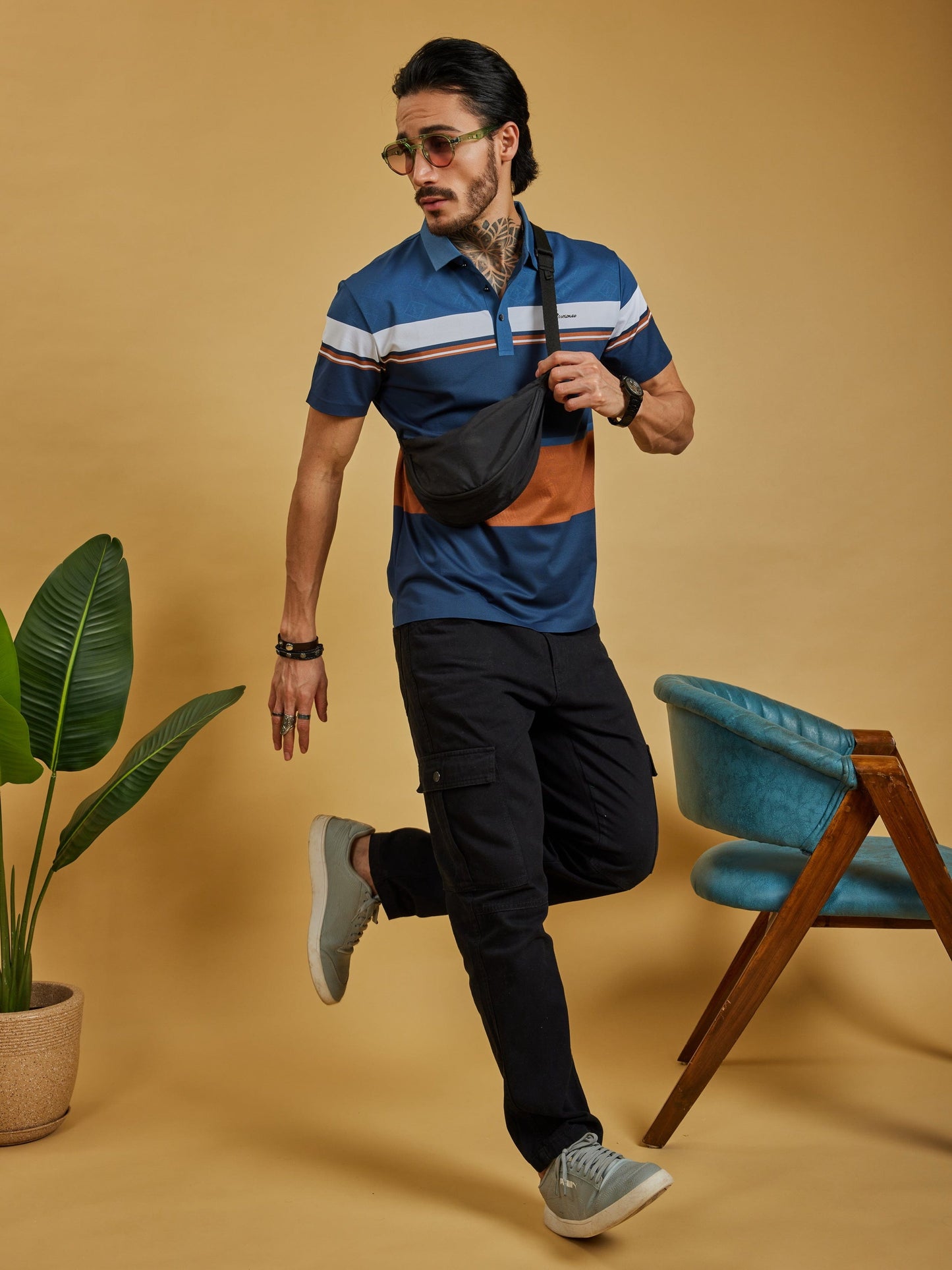 OTFIT T-Shirt Men’s Color Block Polo T-Shirt – Navy, Rust & White Stripe, Lightweight Nylon, Sport Casual Fit