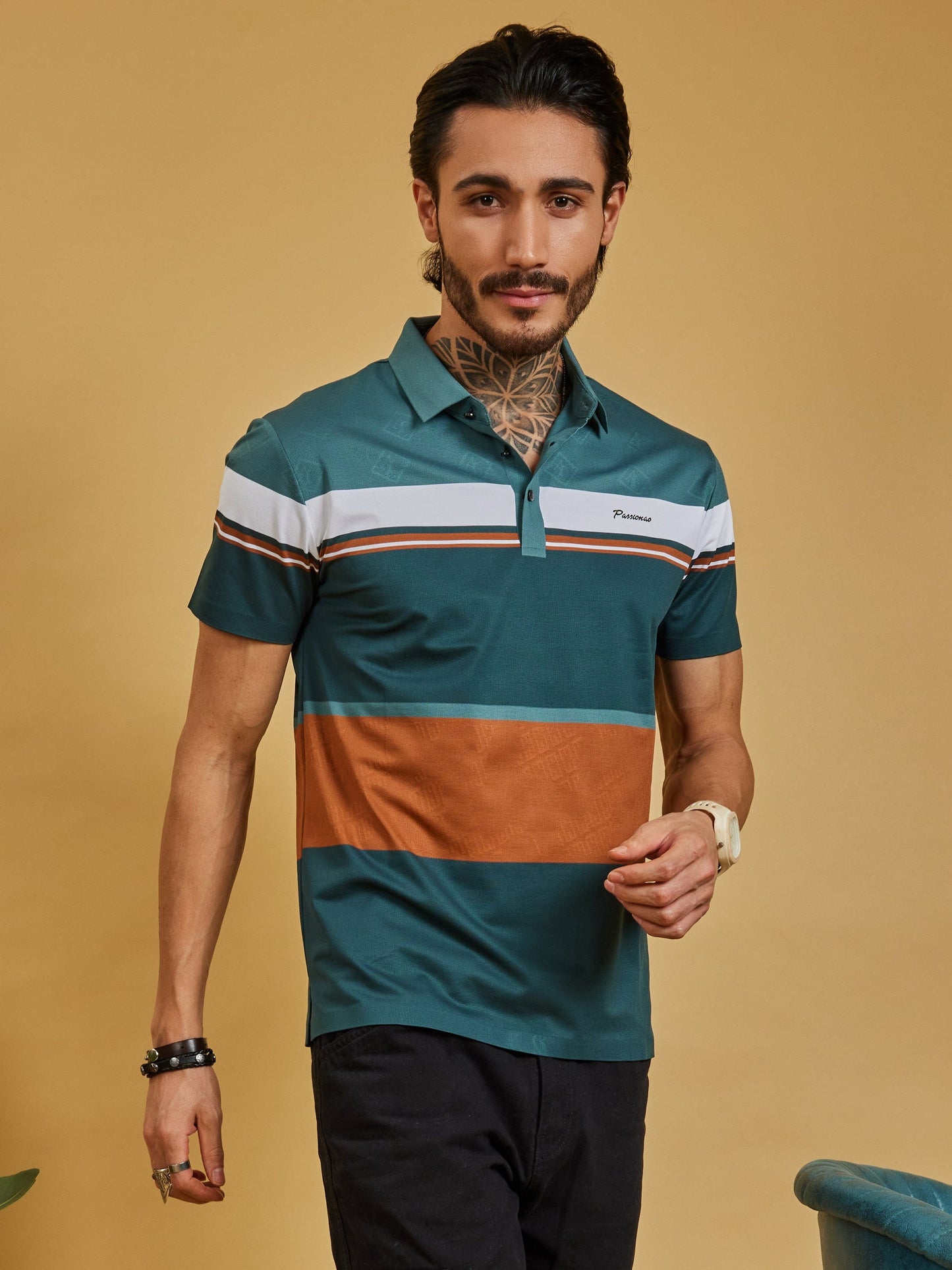 OTFIT T-Shirt Men’s Color Block Polo T-Shirt – Teal, Rust & White, Lightweight Nylon, Casual Sport Fit