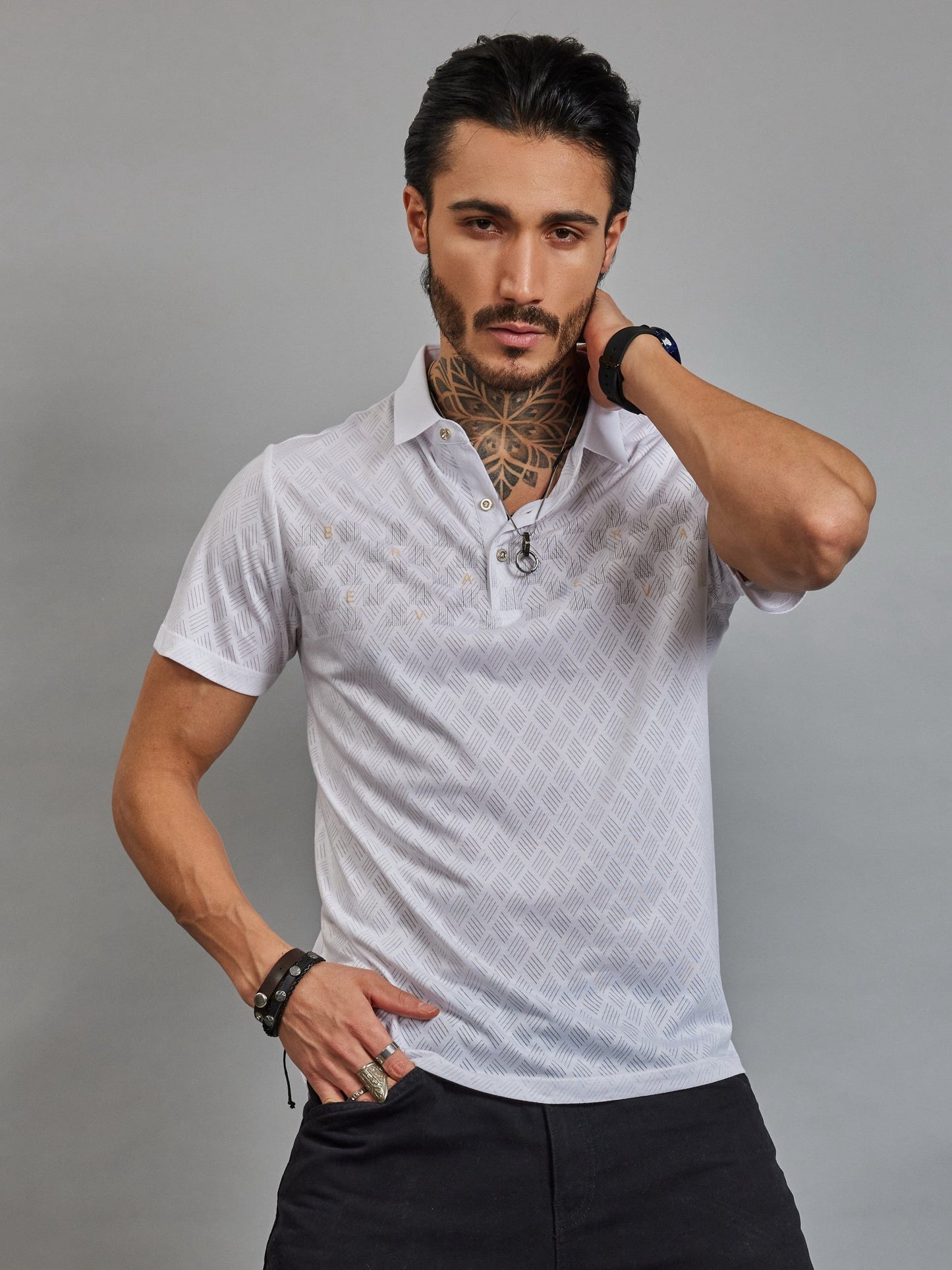 OTFIT T-Shirt Men’s Lightweight Cotton Polo T-Shirt – White Textured Edition with Chest Letter Detailing