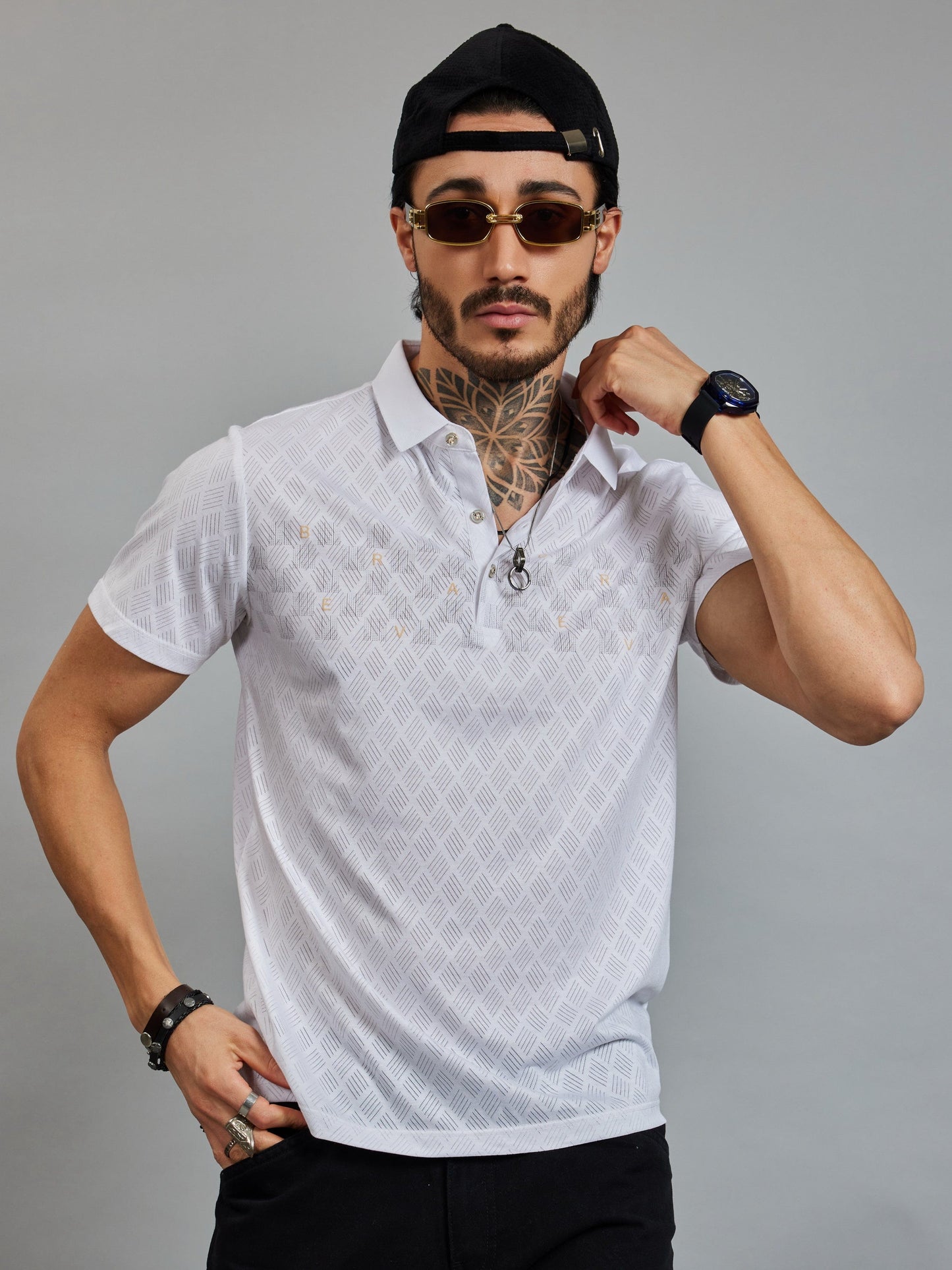 OTFIT T-Shirt Men’s Lightweight Cotton Polo T-Shirt – White Textured Edition with Chest Letter Detailing