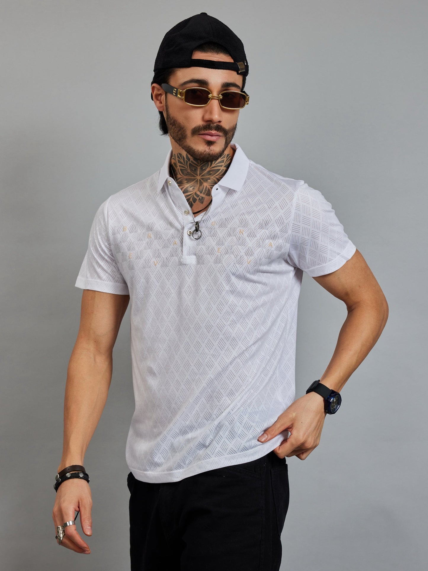 OTFIT T-Shirt Men’s Lightweight Cotton Polo T-Shirt – White Textured Edition with Chest Letter Detailing