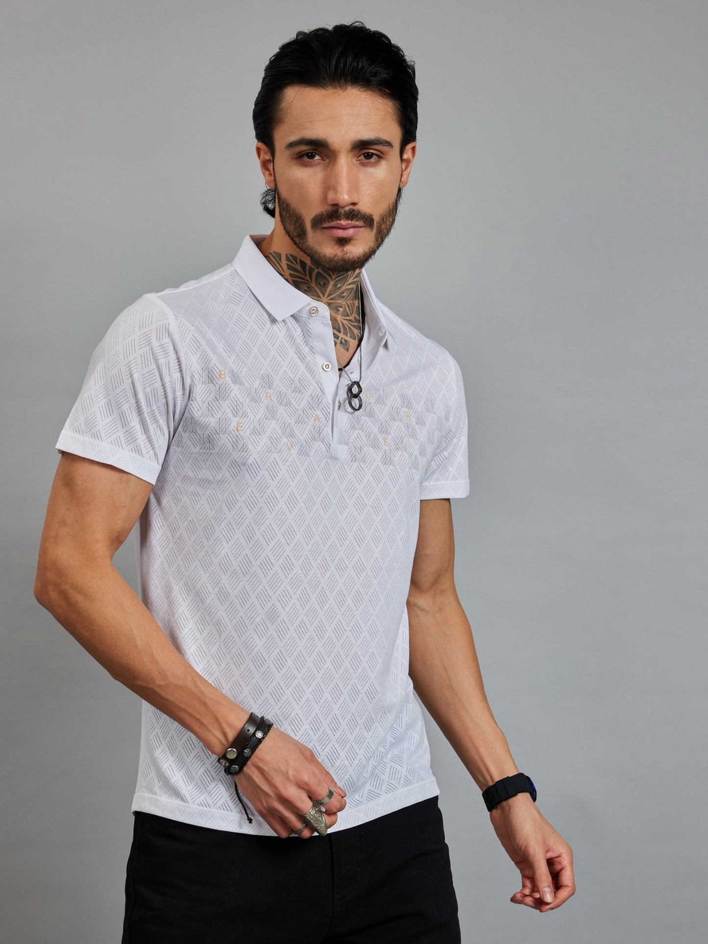 OTFIT T-Shirt Men’s Lightweight Cotton Polo T-Shirt – White Textured Edition with Chest Letter Detailing