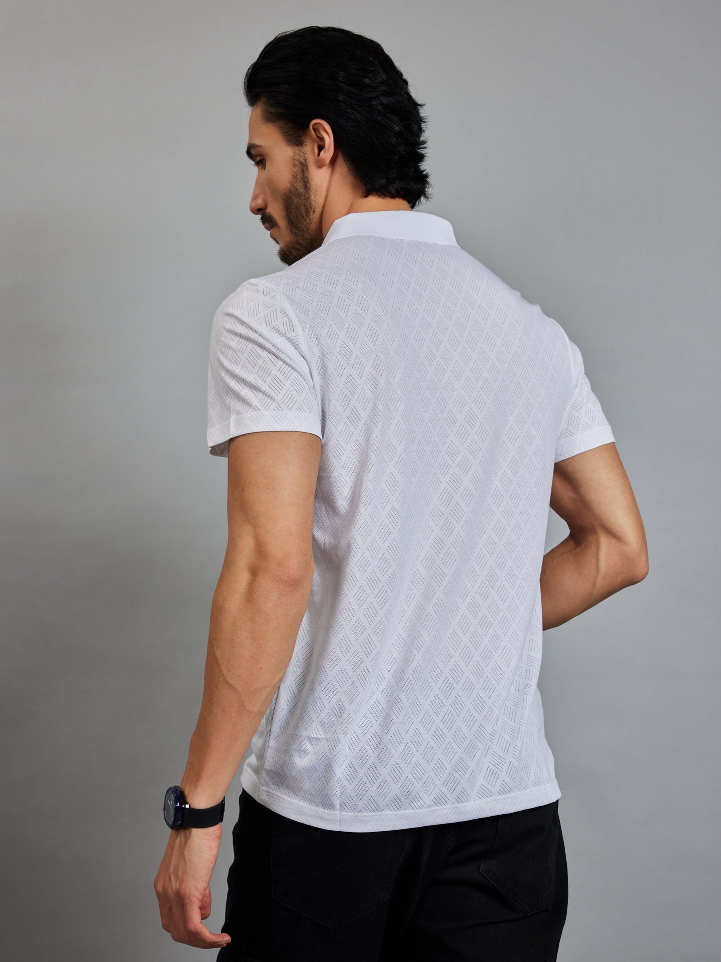 OTFIT T-Shirt Men’s Lightweight Cotton Polo T-Shirt – White Textured Edition with Chest Letter Detailing